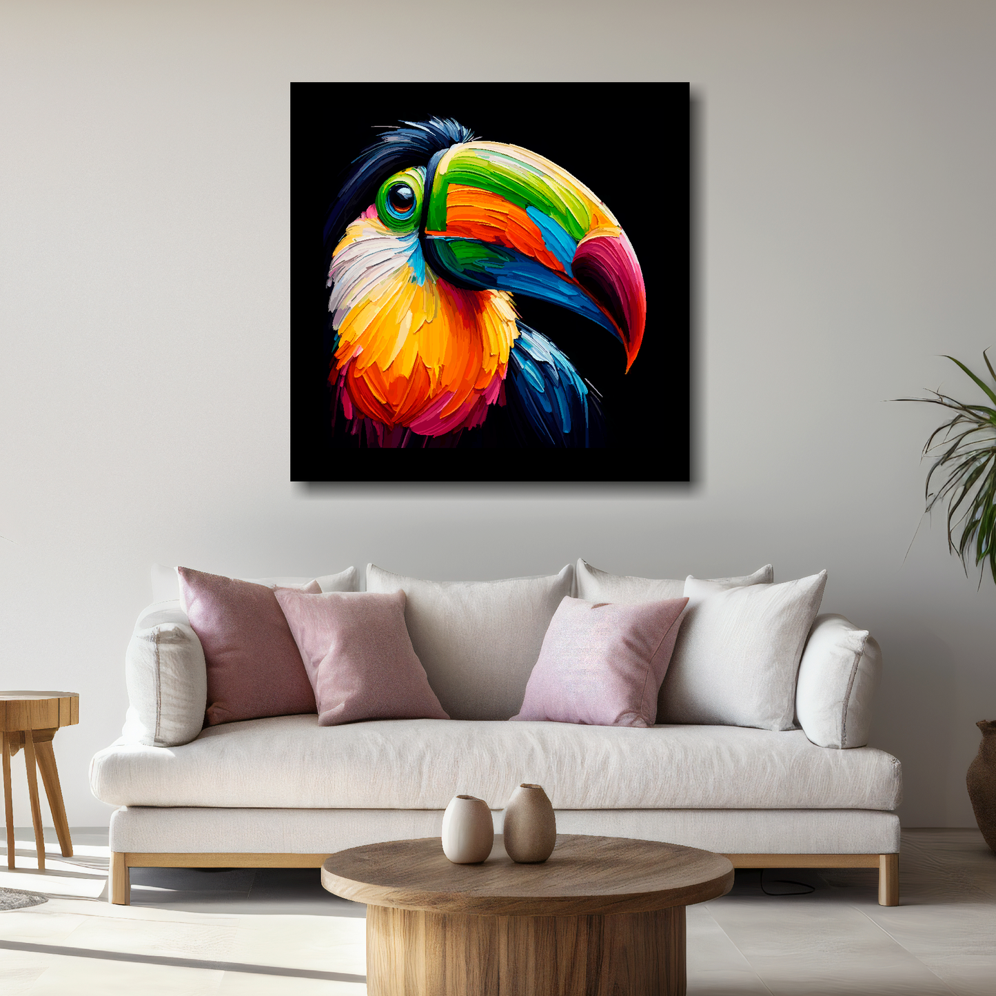 Large Toucan canvas above white sofa - vibrant abstract bird portrait wall art UK
