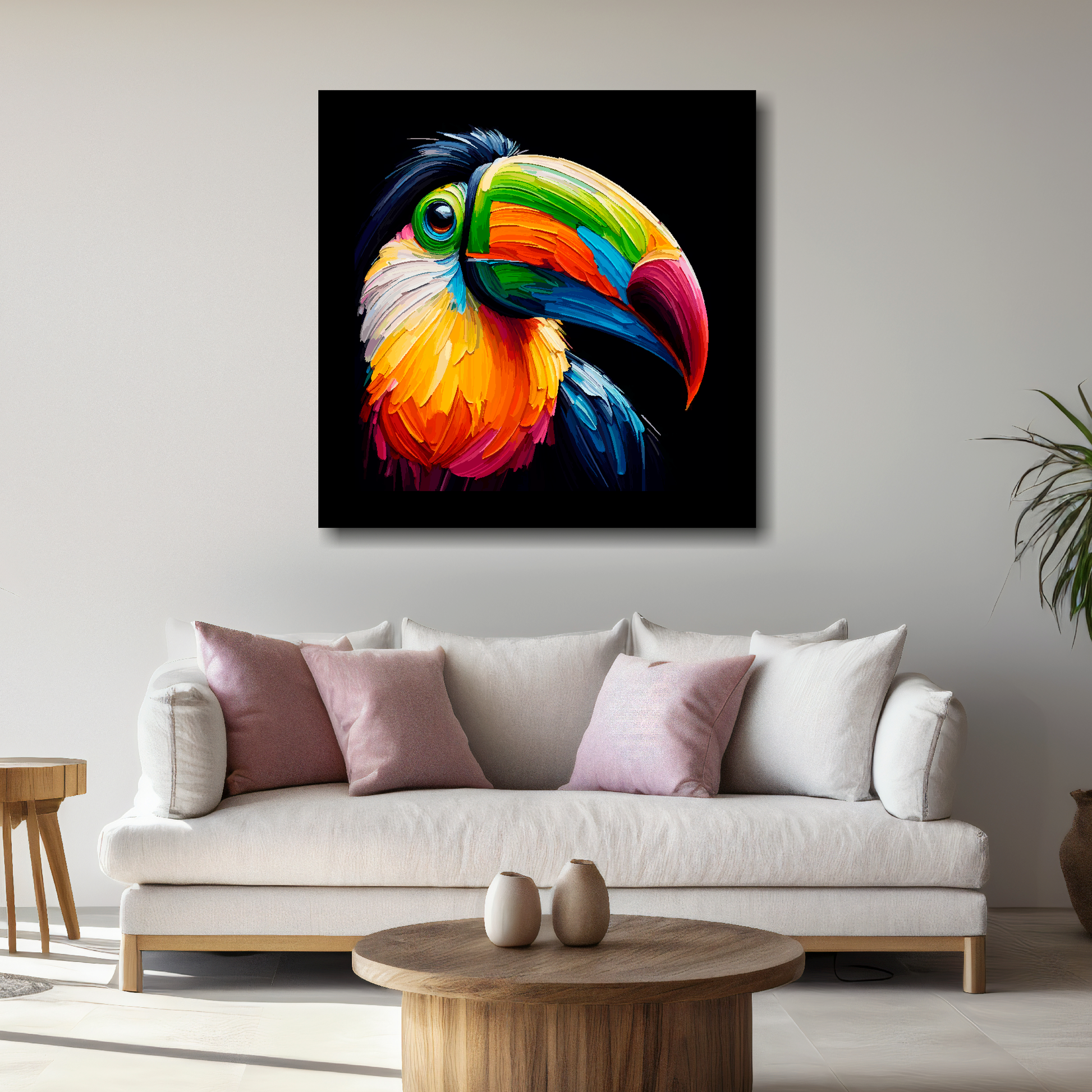 Large Toucan canvas above white sofa - vibrant abstract bird portrait wall art UK