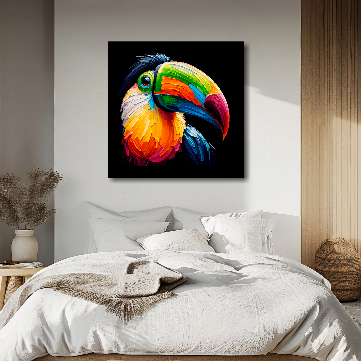 Toucan portrait canvas above bed - colourful bird wall decor for UK bedrooms