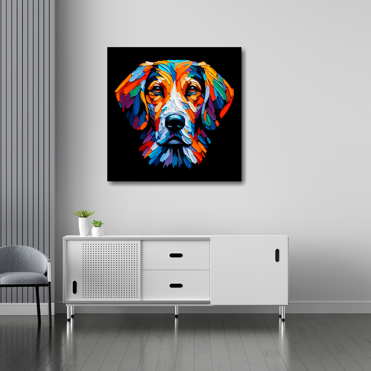 Trailhound canvas 30x30 inches above sideboard - large colourful dog portrait UK made