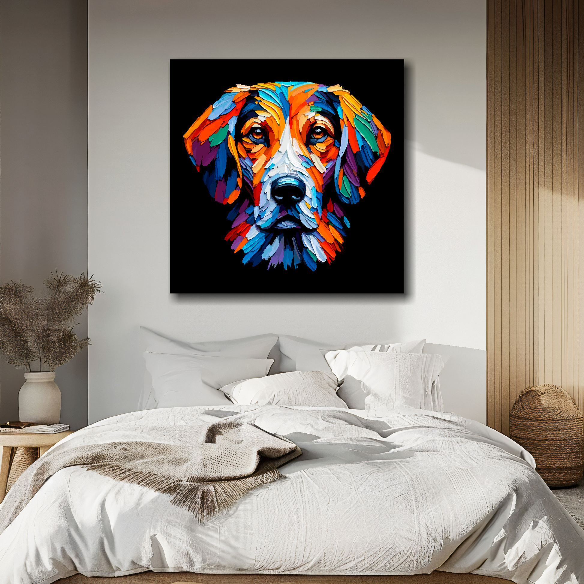 Trailhound portrait canvas above bed - colourful dog wall decor for UK bedrooms