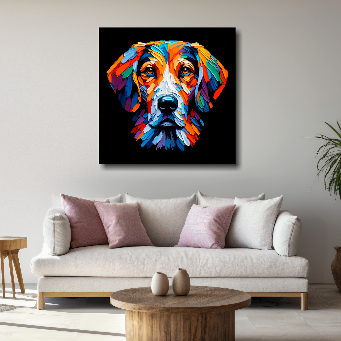 Large Trailhound canvas above white sofa - vibrant abstract dog portrait wall art UK