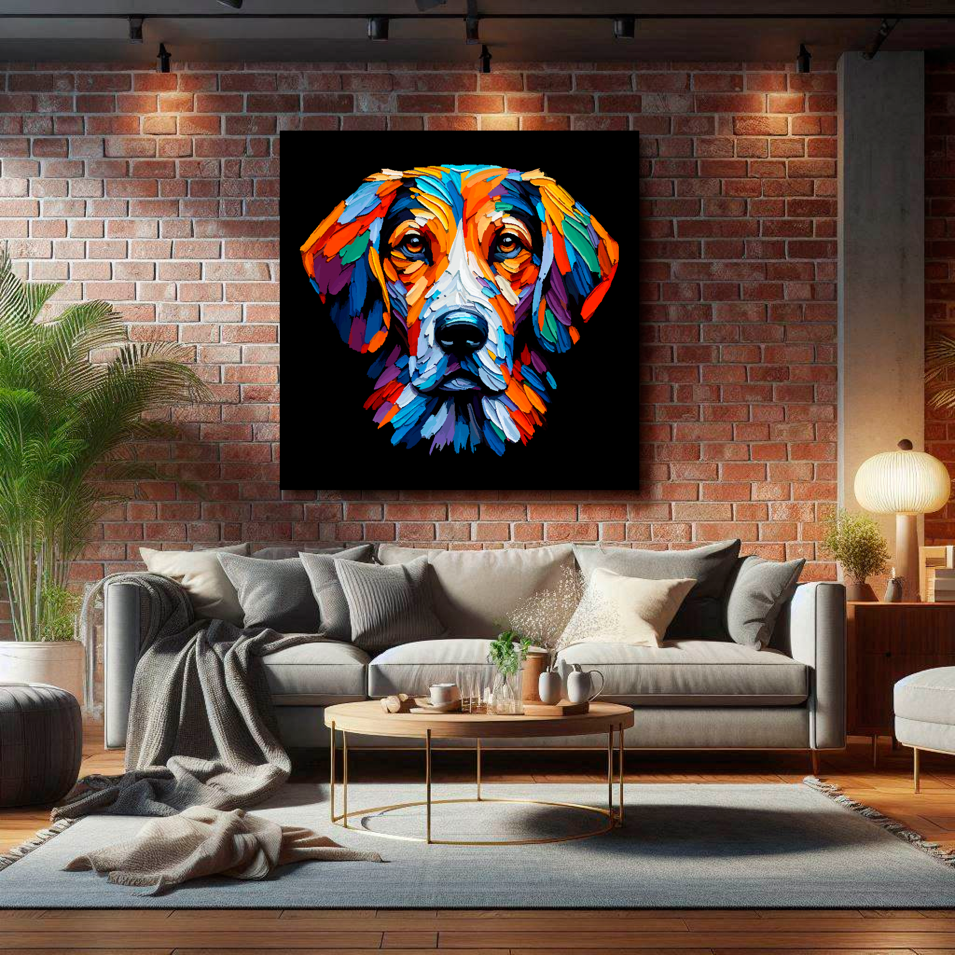 Large Trailhound canvas on brick wall above grey sofa - bold dog portrait UK living room