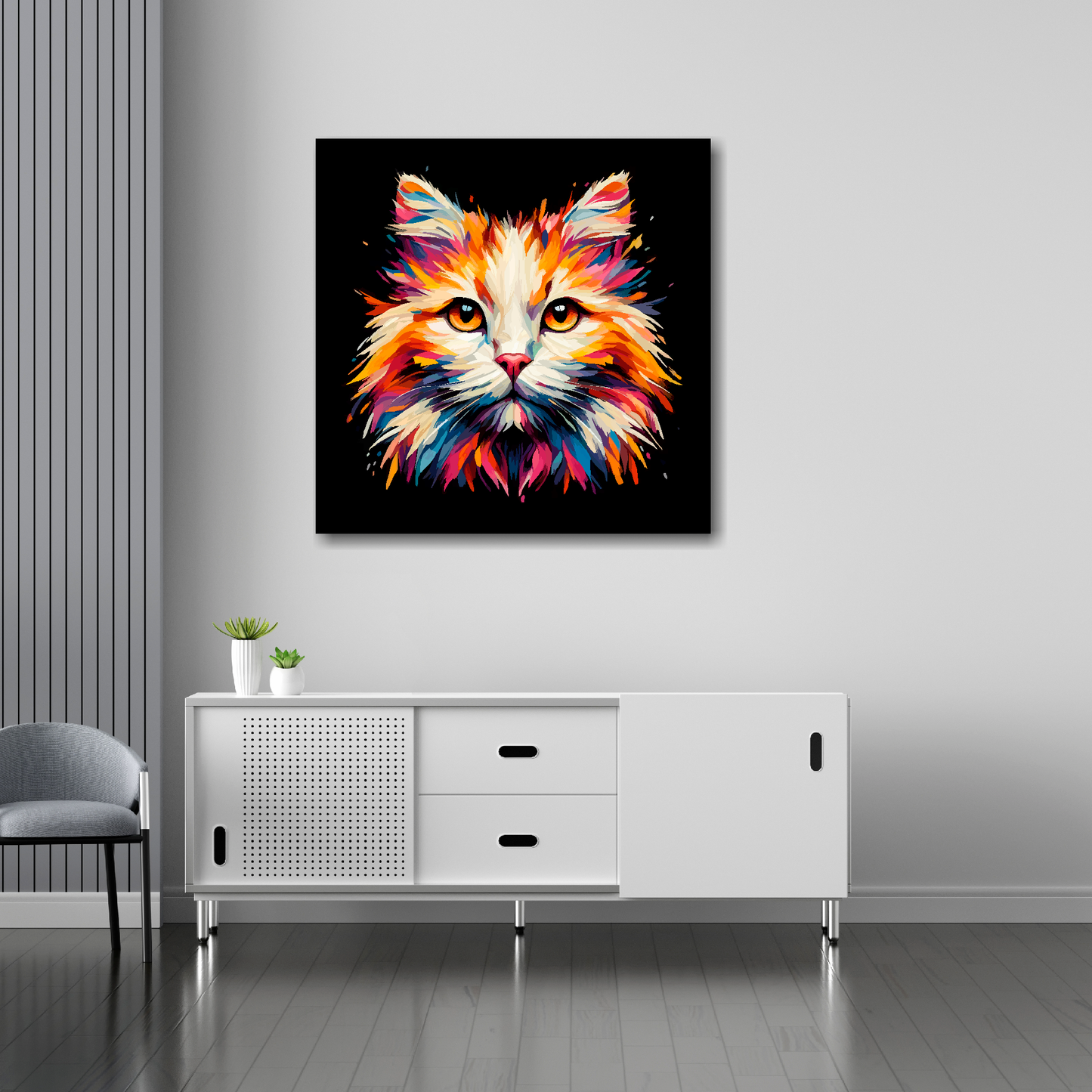 Turkish Van cat canvas 30x30 inches above sideboard - large colourful cat portrait UK made