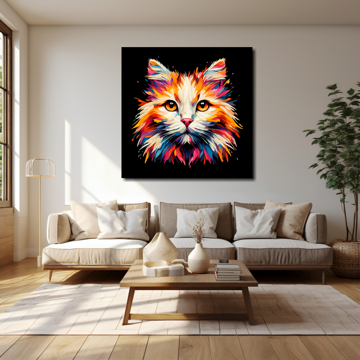 Turkish Van cat canvas 40x40 inches above cream sofa - XL vibrant cat wall art UK