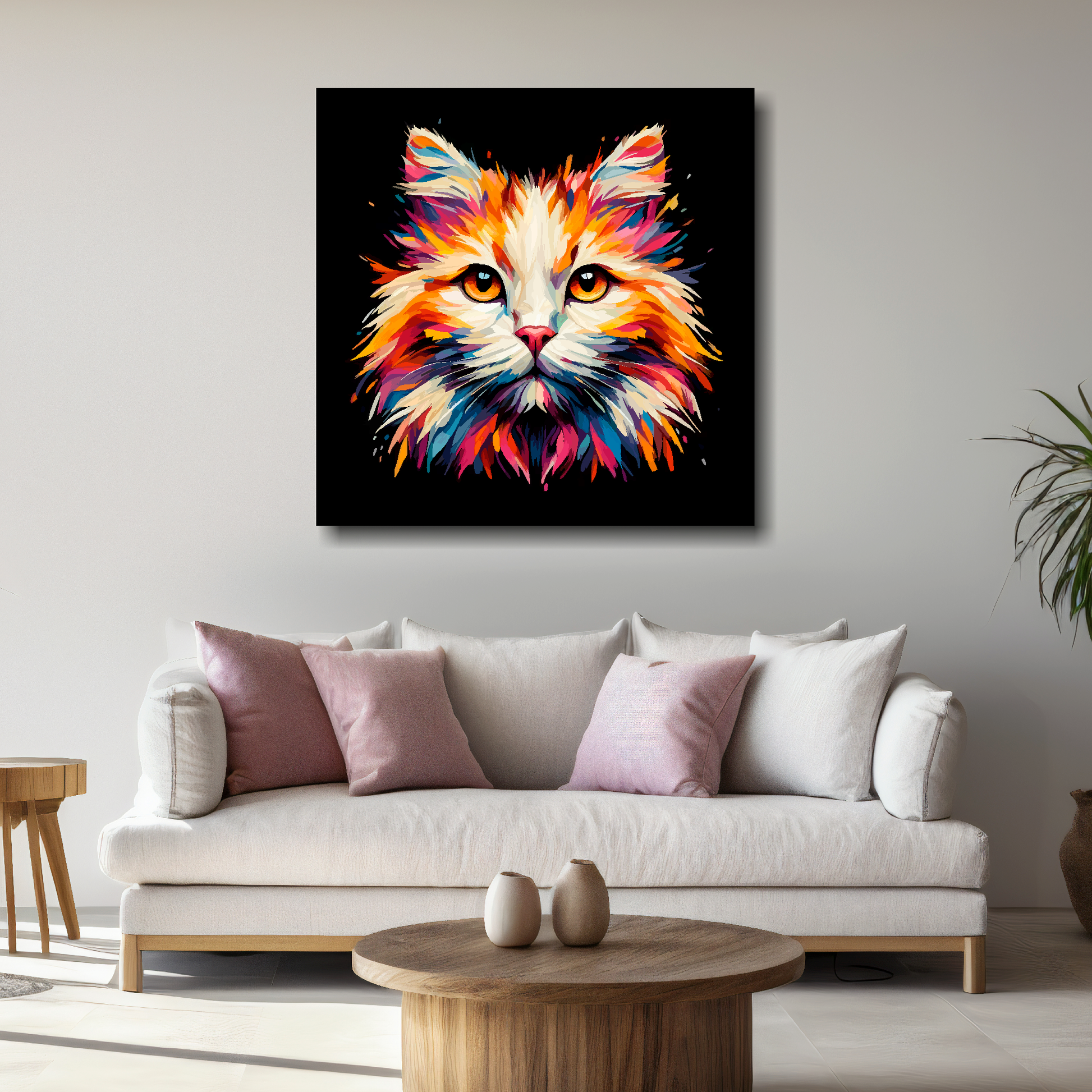 Large Turkish Van cat canvas above white sofa - vibrant abstract cat portrait wall art UK