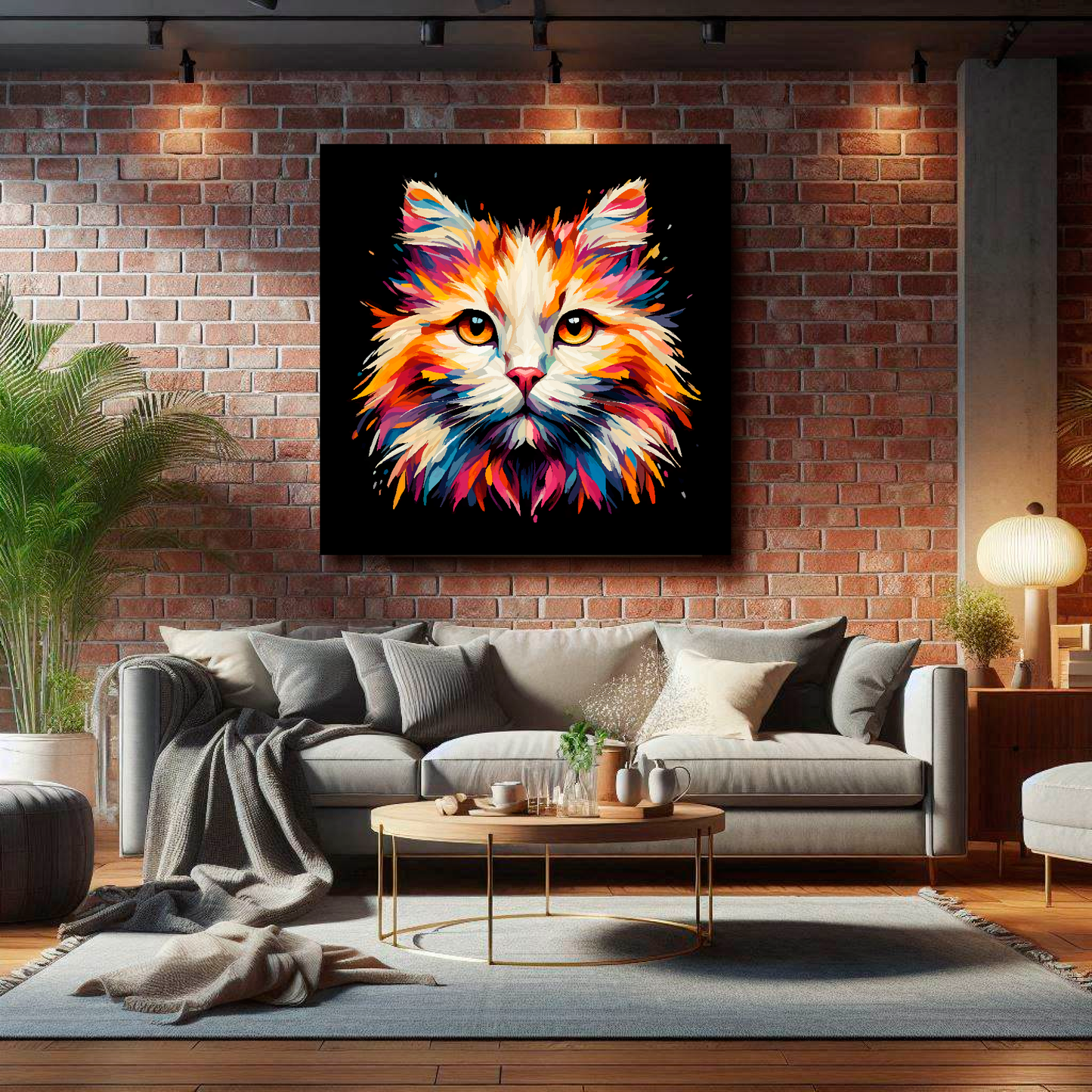 Large Turkish Van cat canvas on brick wall above grey sofa - bold cat portrait UK living room