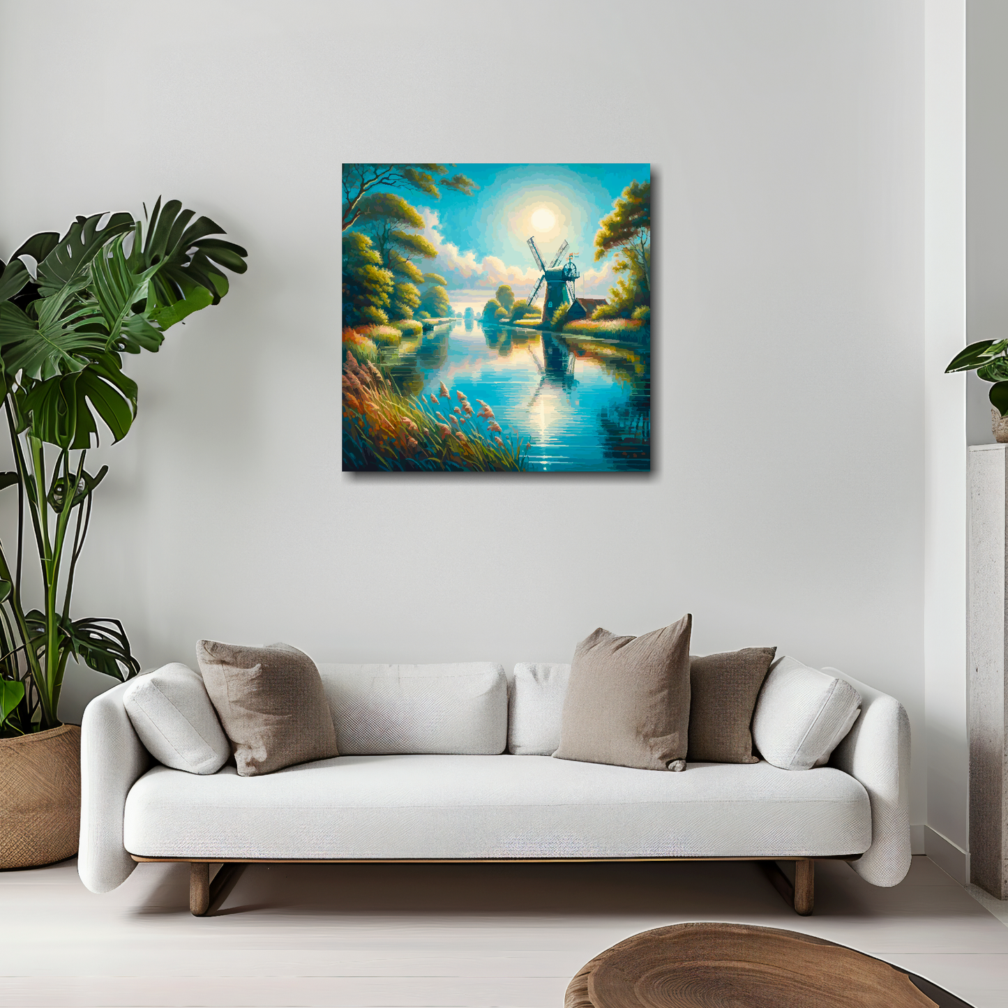 Turning light canvas 20x20 inches above white sofa - vibrant landscape wall art UK
