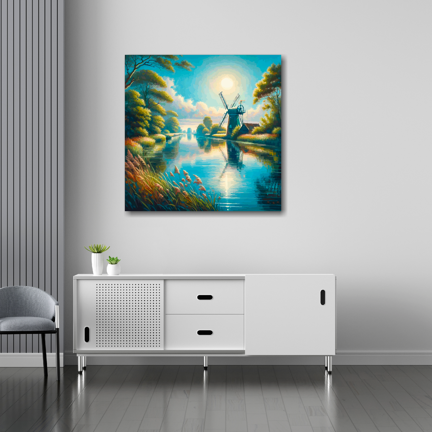 Turning light canvas 30x30 inches above sideboard - large colourful landscape art UK made