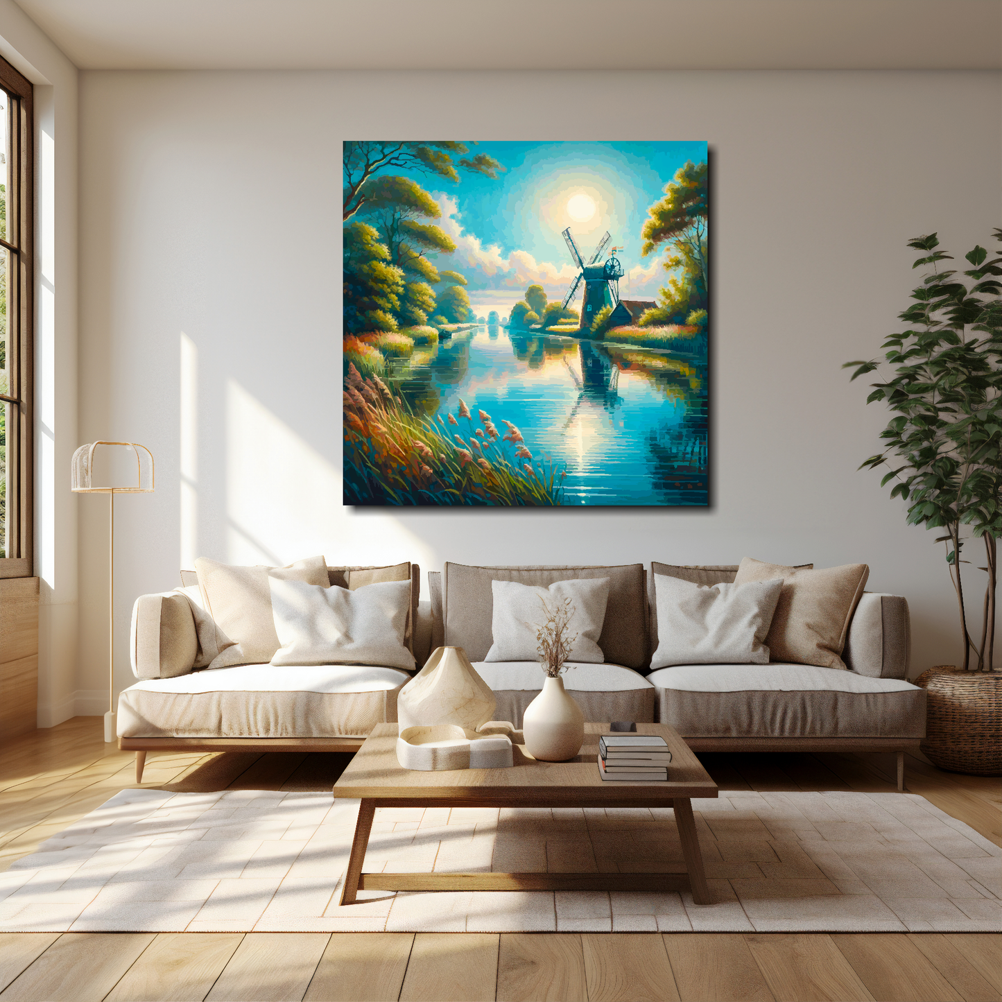 Turning light canvas 40x40 inches above cream sofa - XL vibrant landscape wall art UK