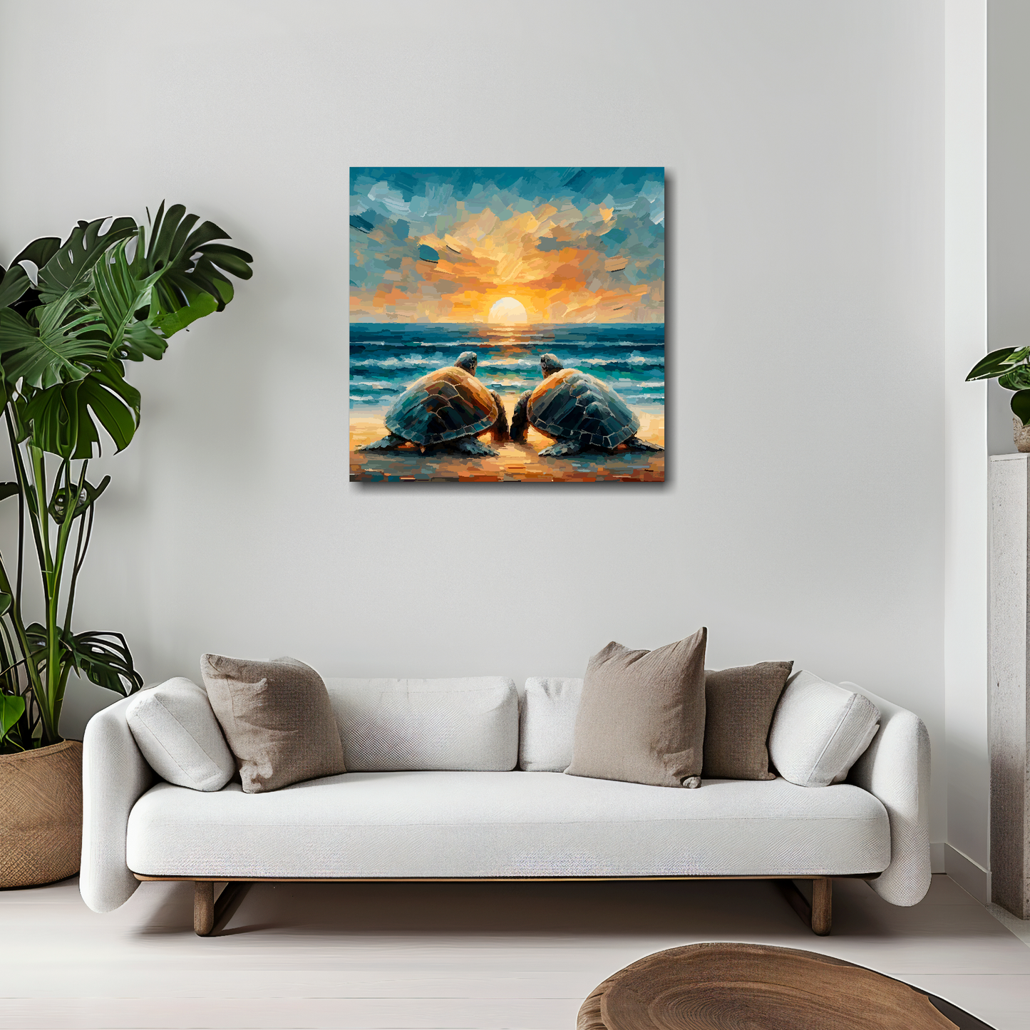 Turtle love canvas 20x20 inches above white sofa - vibrant wildlife wall art UK