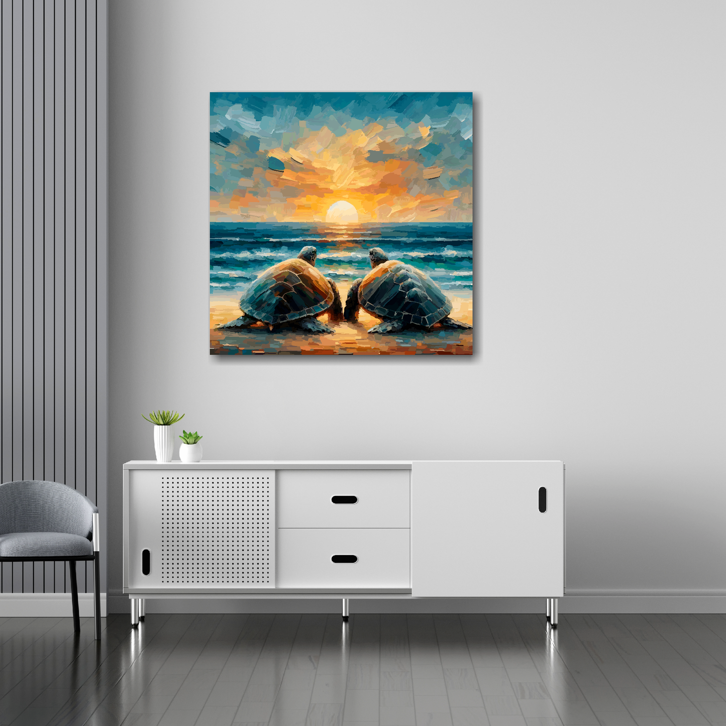 Turtle love canvas 30x30 inches above sideboard - large colourful wildlife art UK made