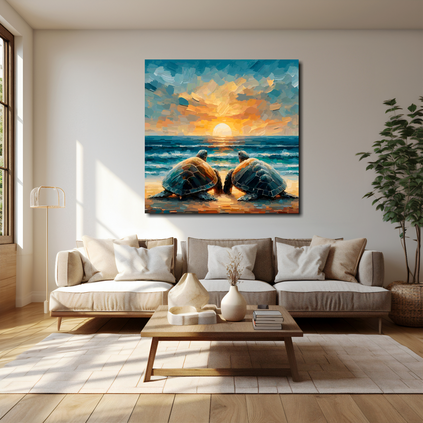 Turtle love canvas 40x40 inches above cream sofa - XL vibrant wildlife wall art UK
