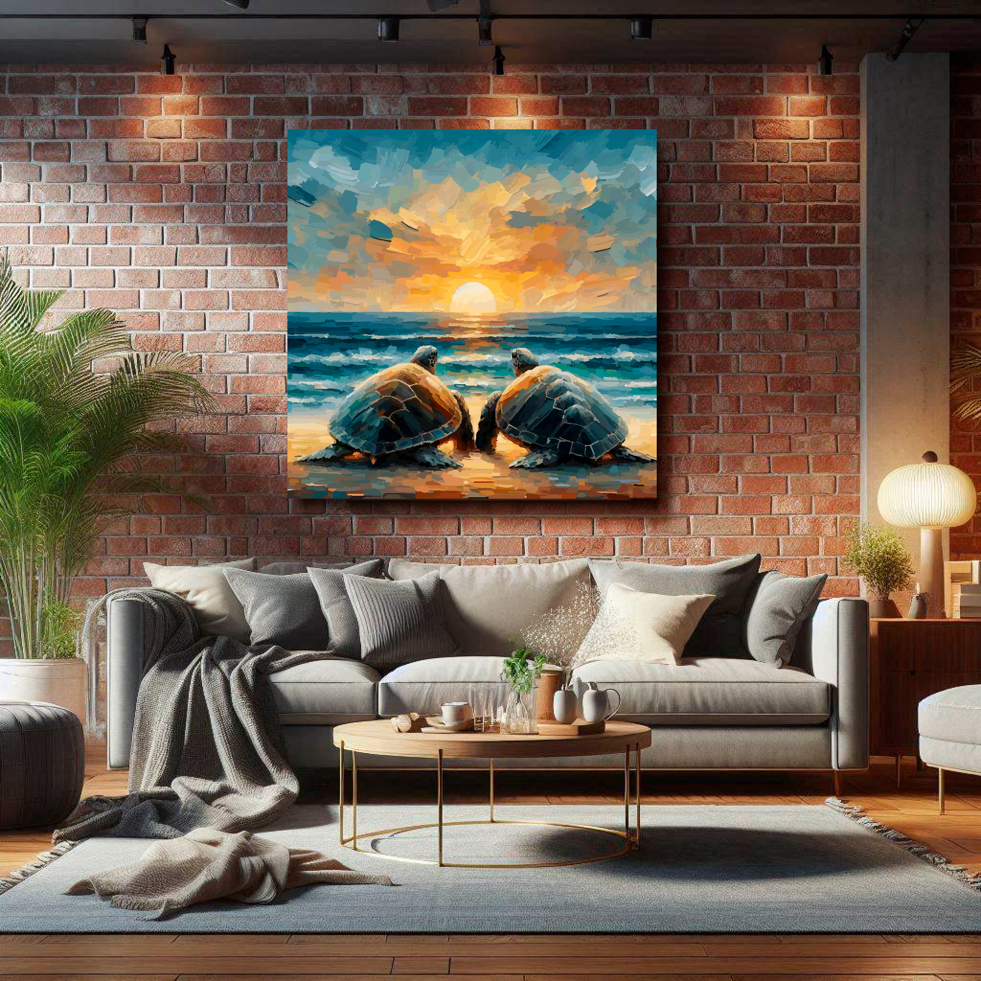 Large turtle love canvas on brick wall above grey sofa - bold wildlife art UK living room