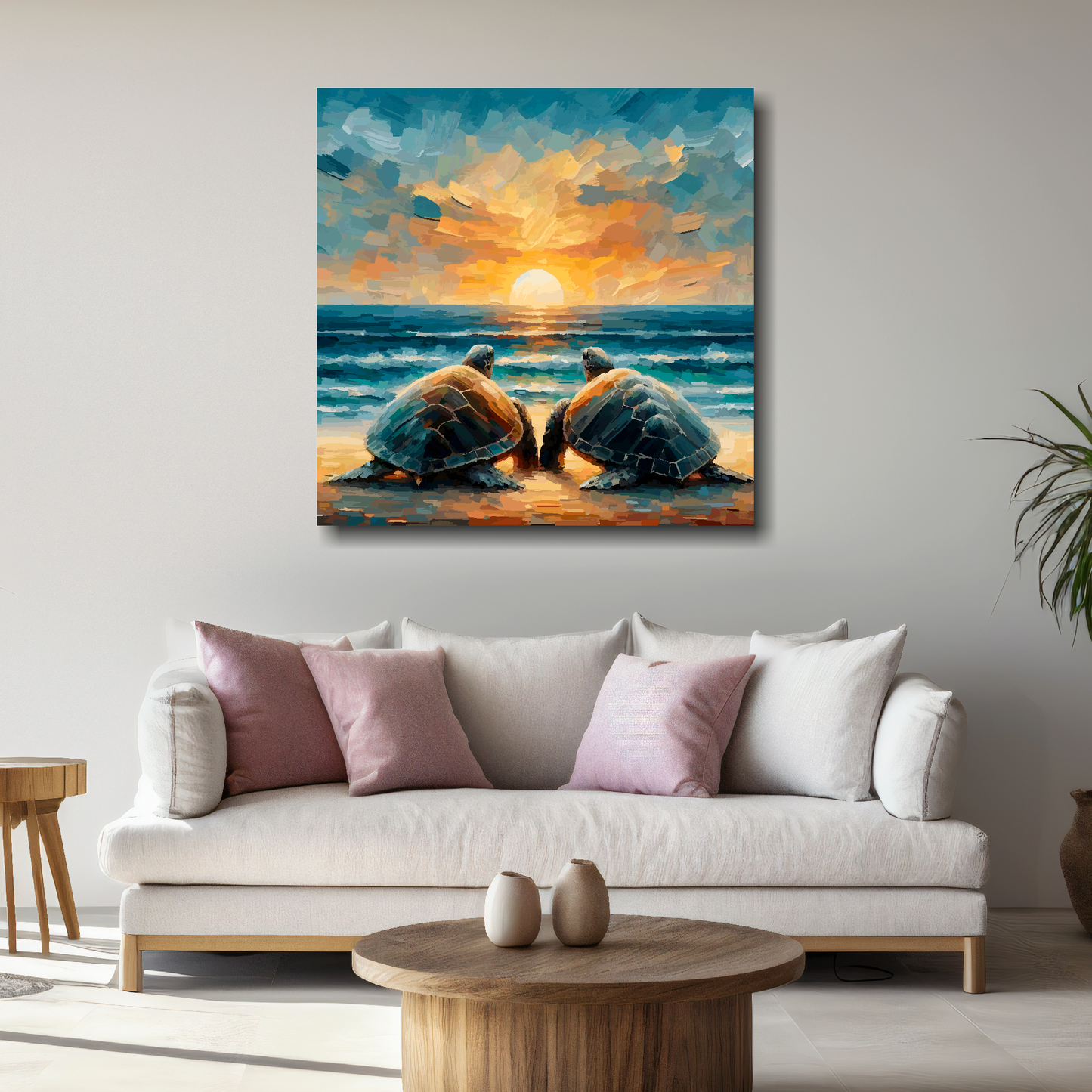 Large turtle love canvas above white sofa - vibrant abstract wildlife wall art UK