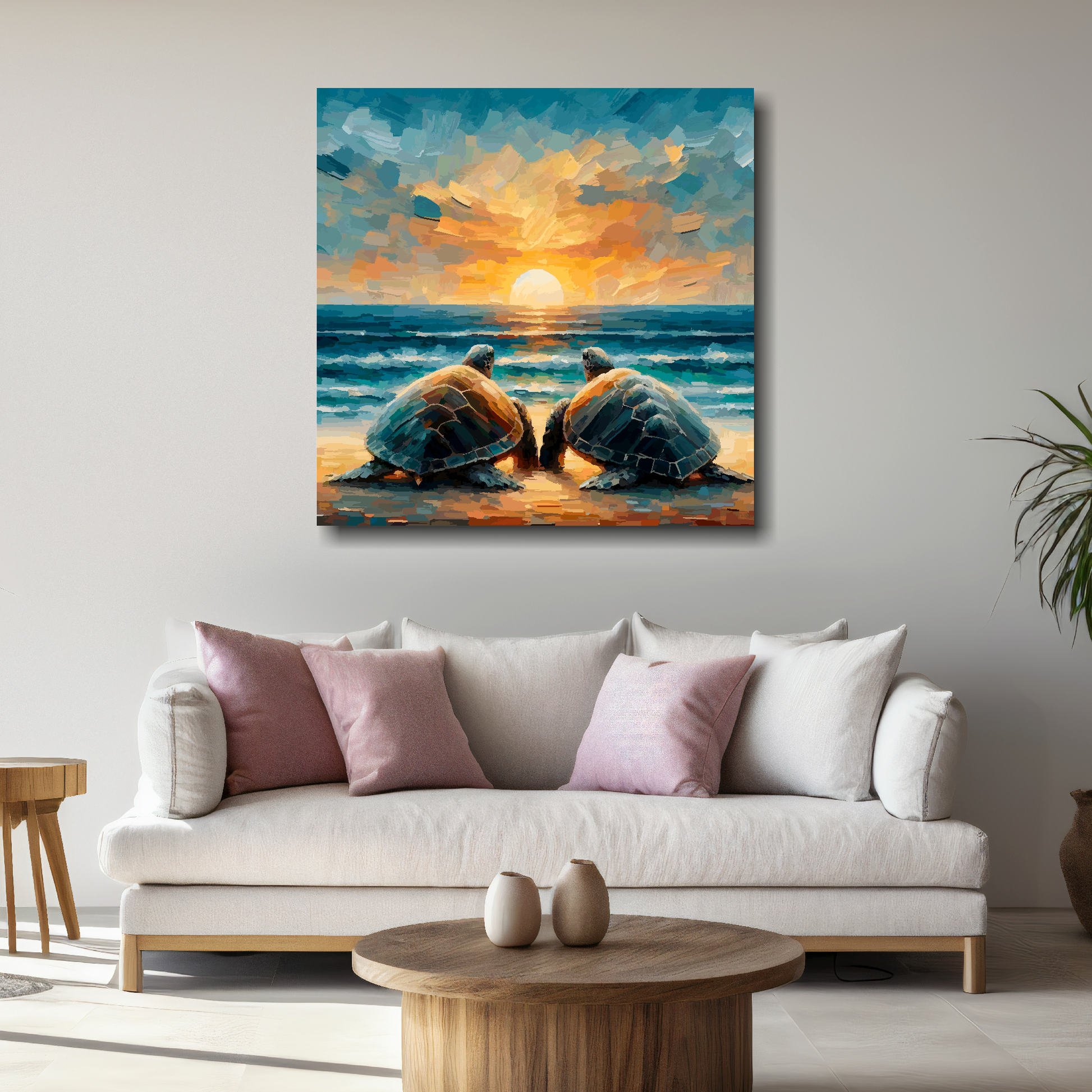 Large turtle love canvas above white sofa - vibrant abstract wildlife wall art UK