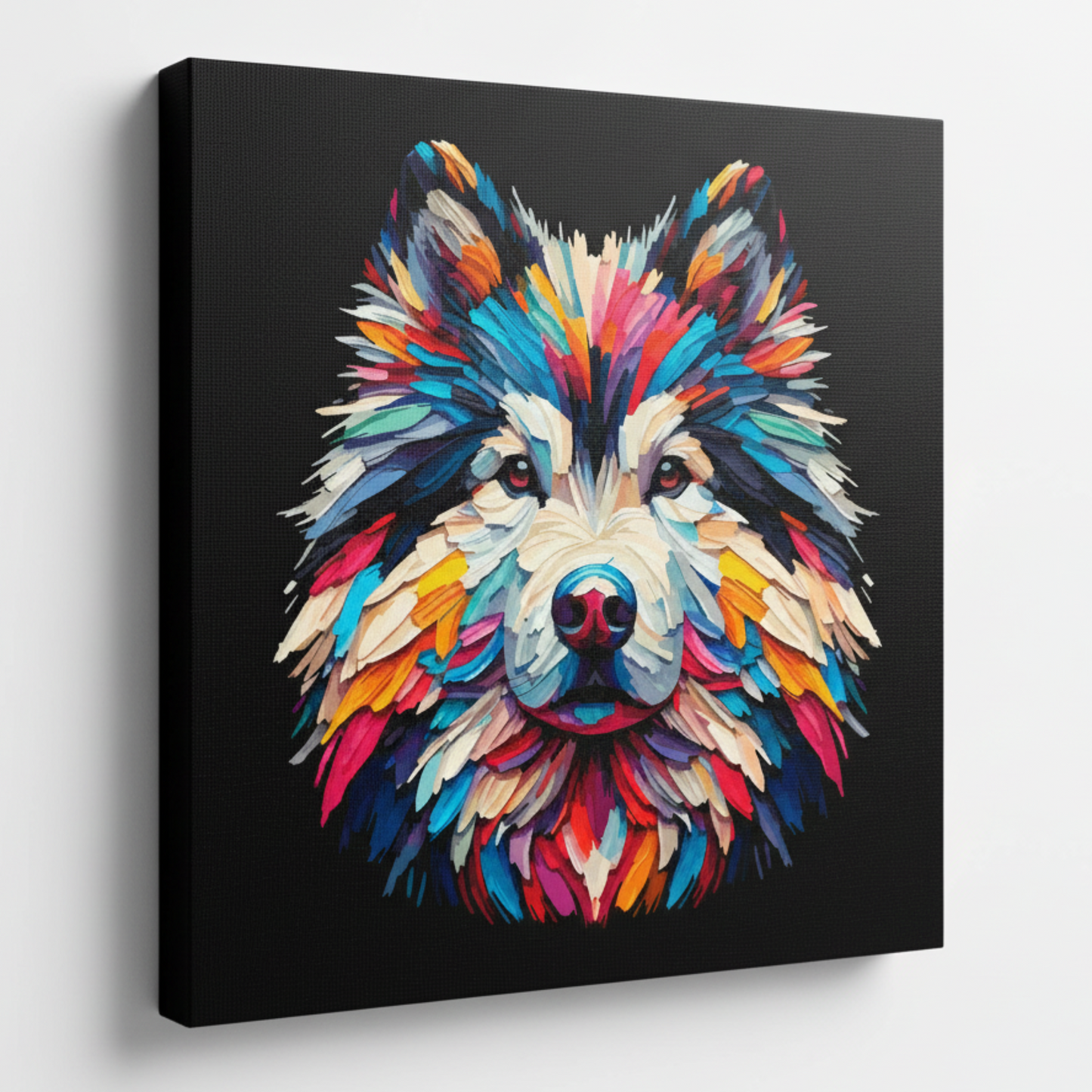 Colourful head painting of a Utonagan dog's face on a black background.