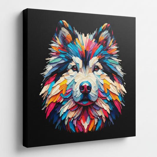 Colourful head painting of a Utonagan dog's face on a black background.
