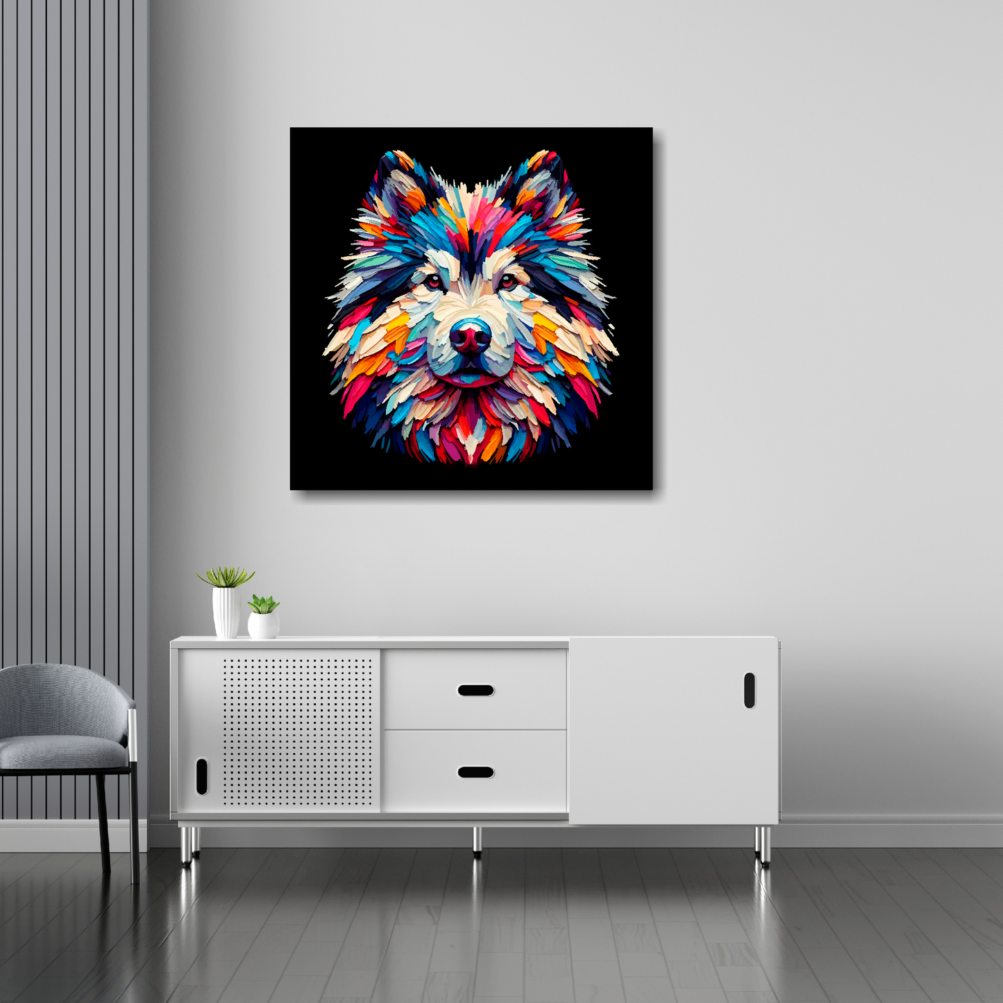 30 inch by 30 inch square canvas featuring a multi-coloured Utonagan dog portrait. Mounted on a white wall above a white sideboard.