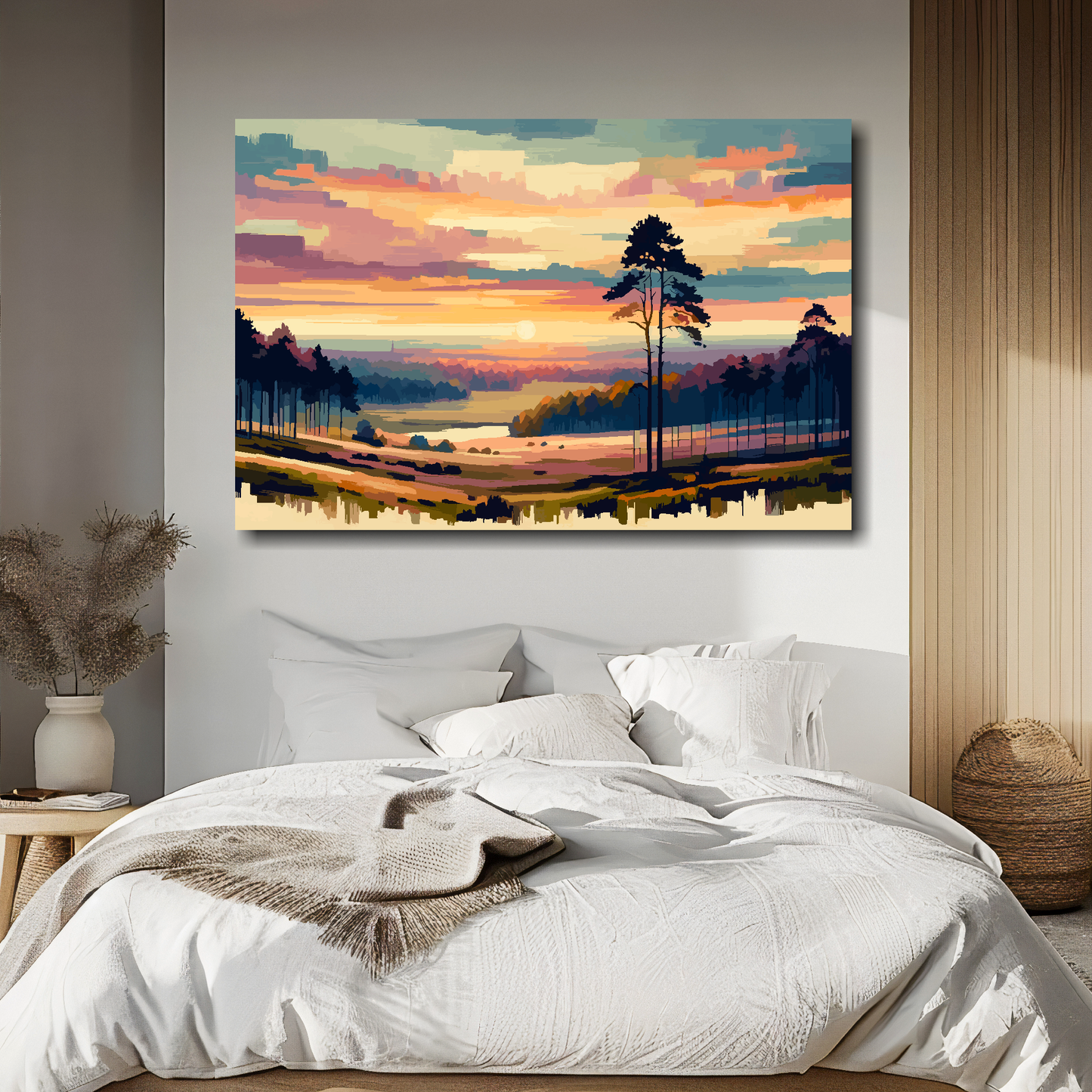 Vanilla skies canvas above bed - colourful landscape wall decor for UK bedrooms