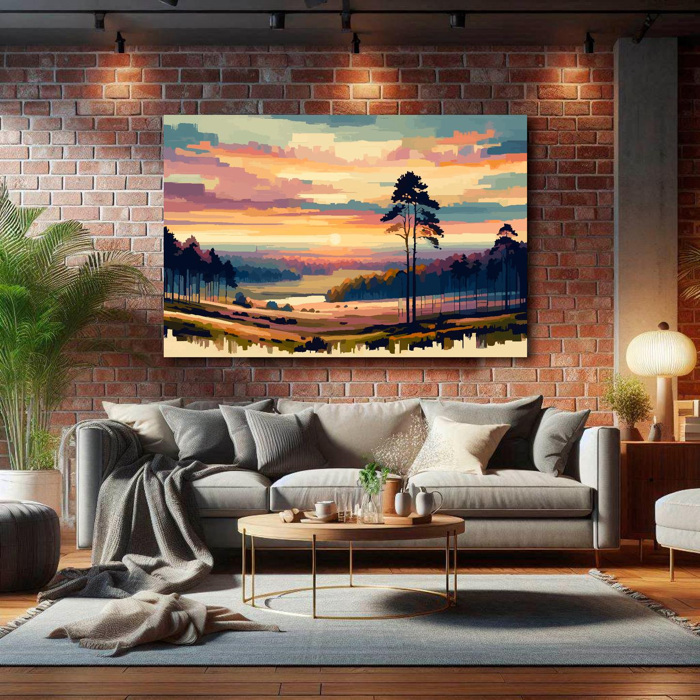 Large vanilla skies canvas on brick wall above grey sofa - bold landscape art UK living room