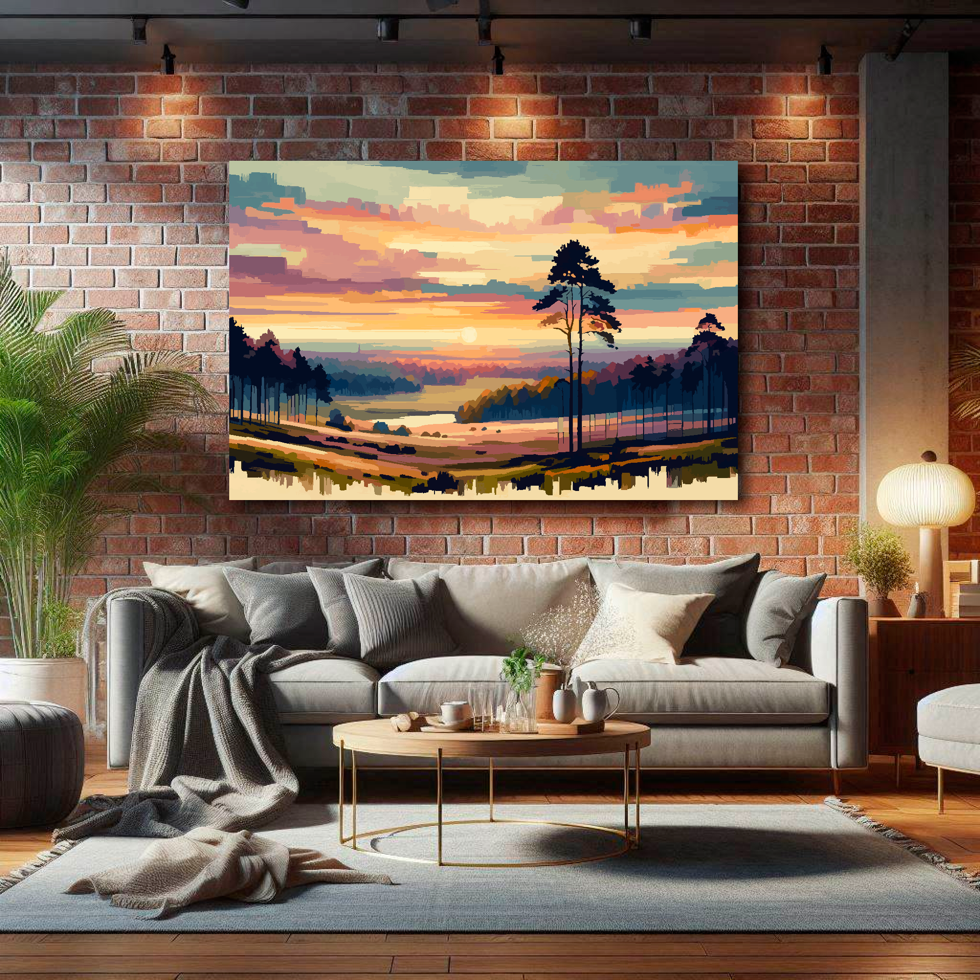 Large vanilla skies canvas on brick wall above grey sofa - bold landscape art UK living room
