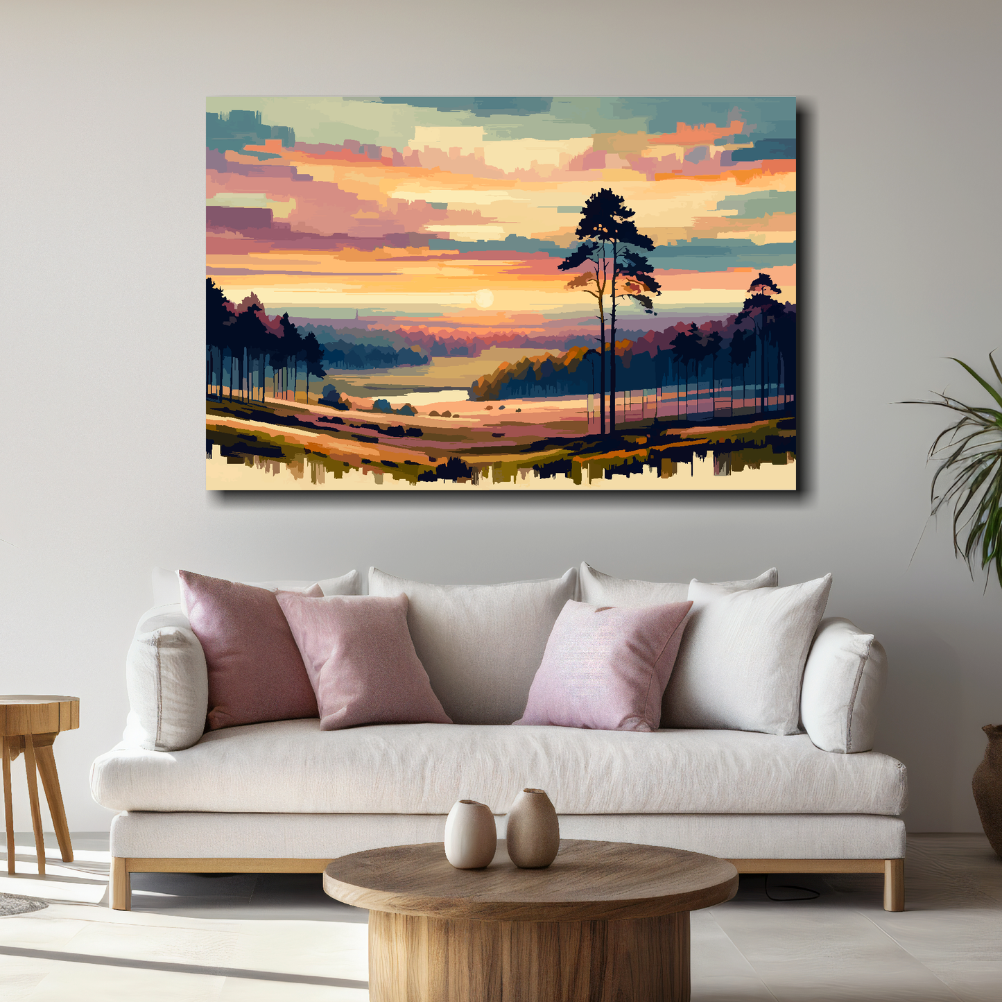 Large vanilla skies canvas above white sofa - vibrant abstract landscape wall art UK