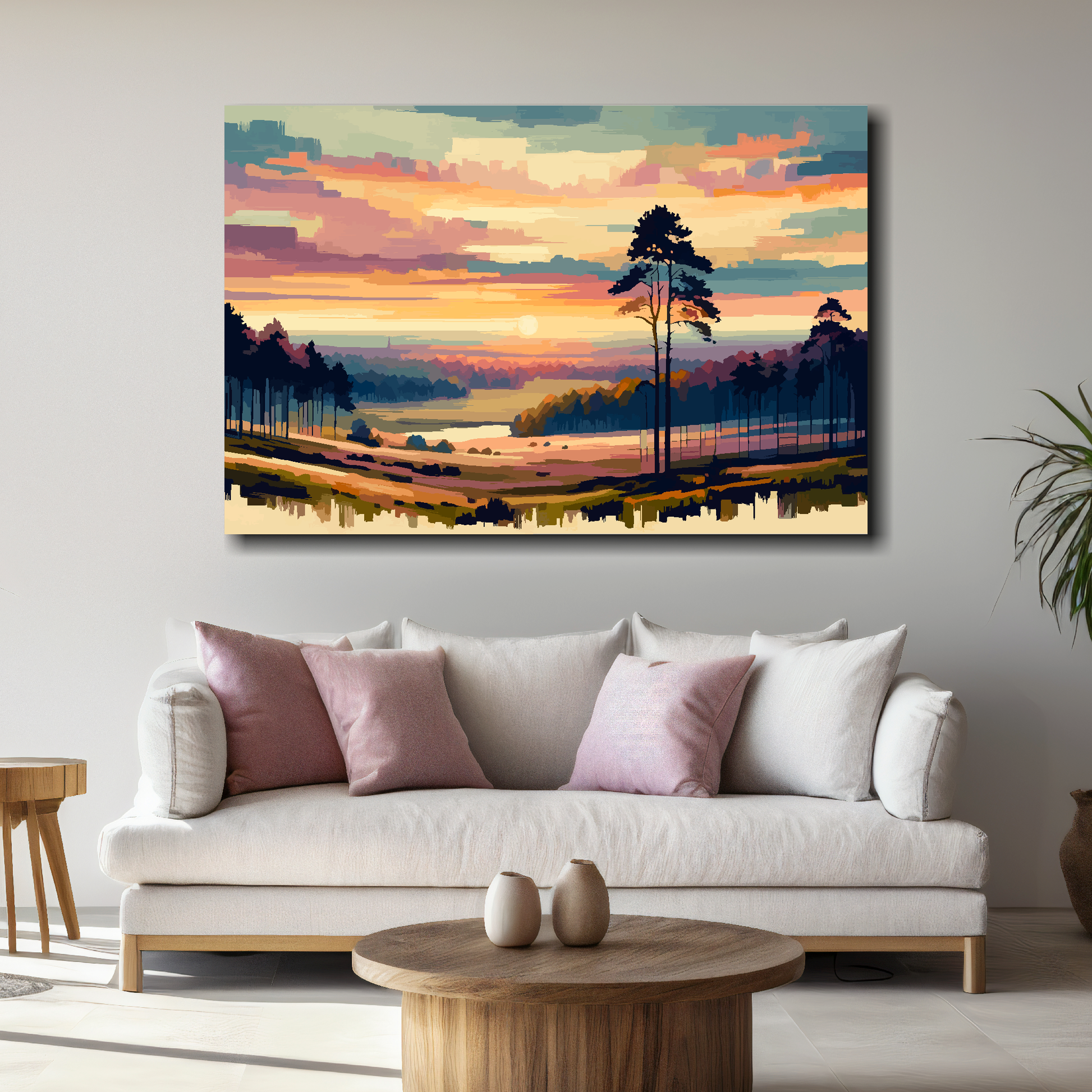 Large vanilla skies canvas above white sofa - vibrant abstract landscape wall art UK