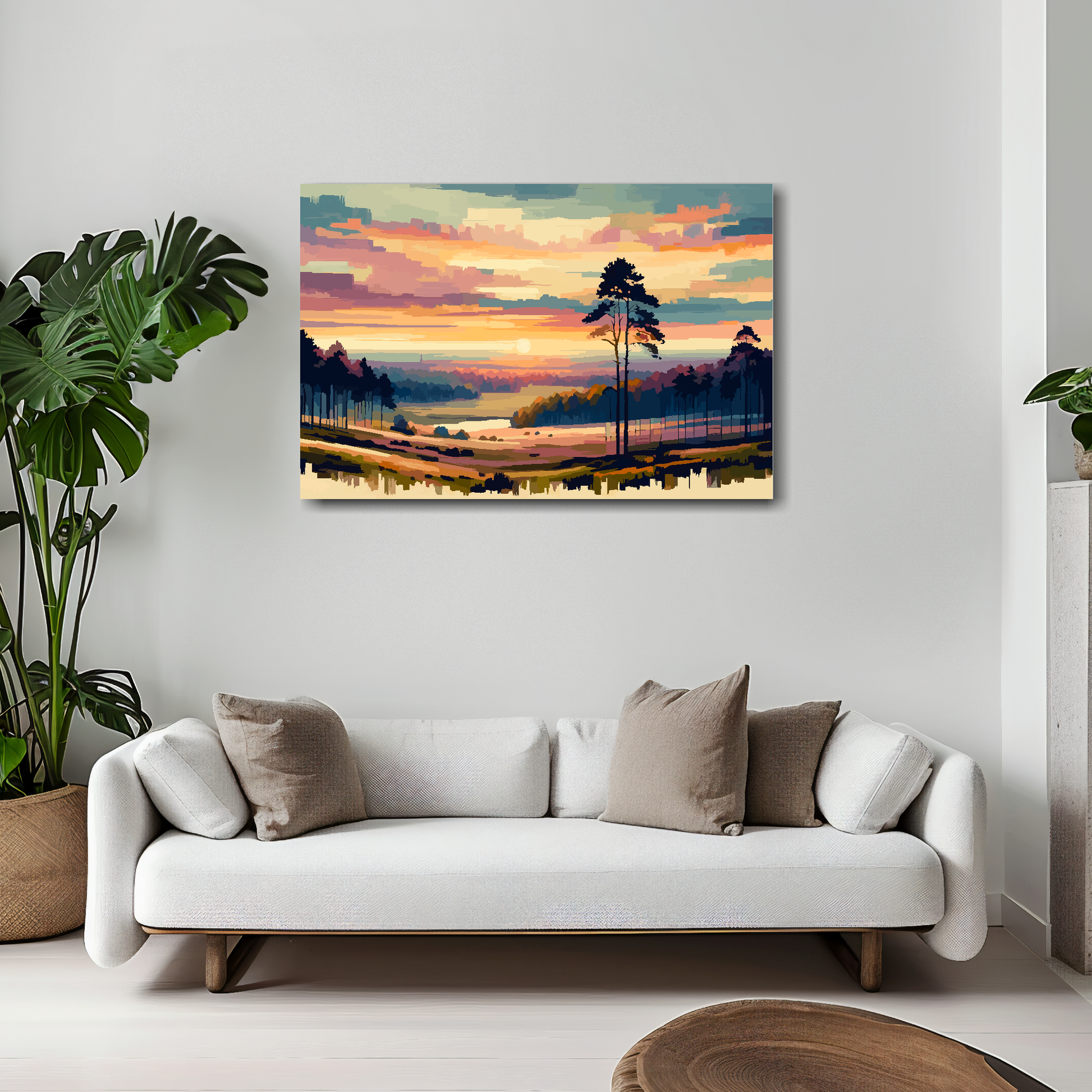 Vanilla skies canvas 30x20 inches above white sofa - vibrant landscape wall art UK
