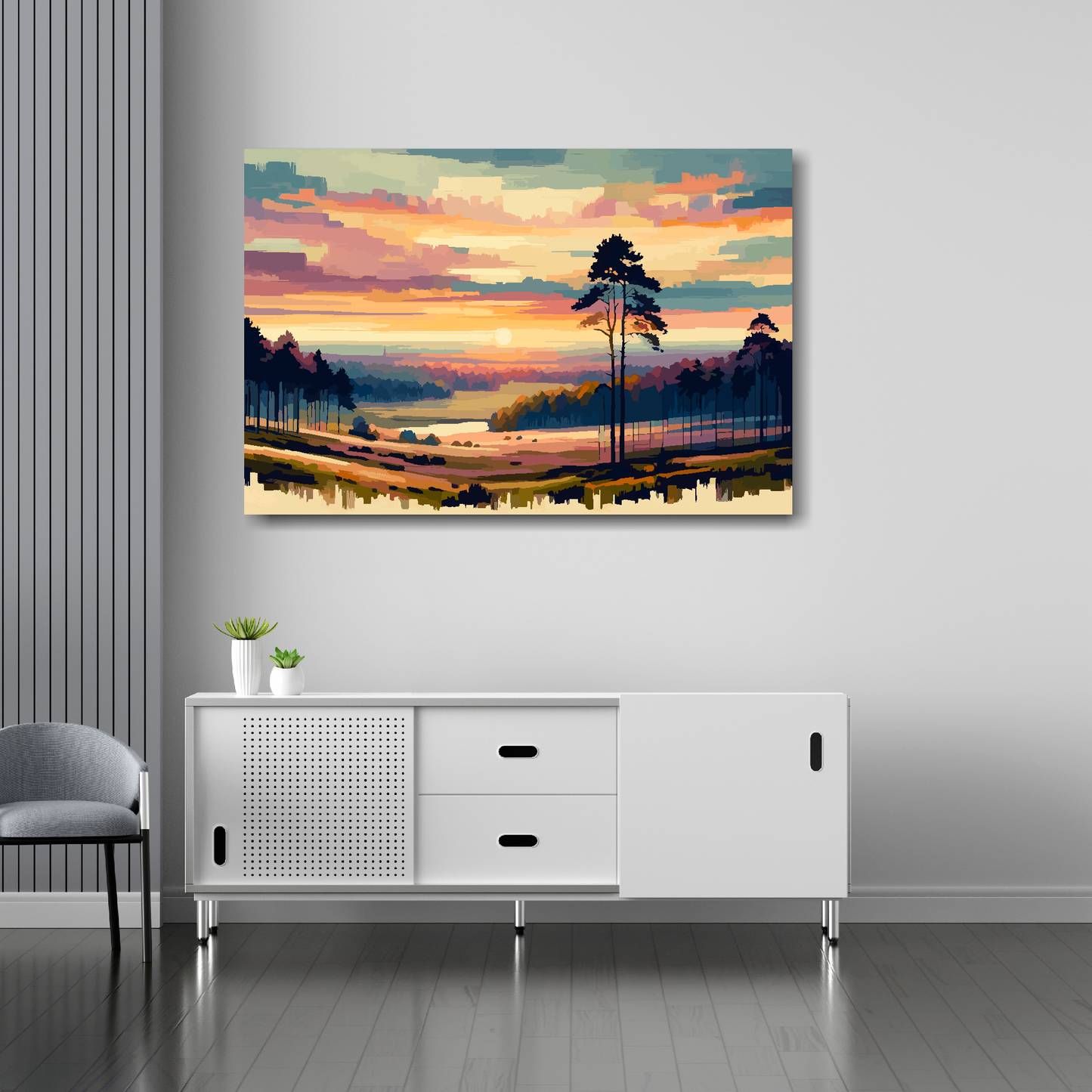 Vanilla skies canvas 36x24 inches above sideboard - large colourful landscape art UK made