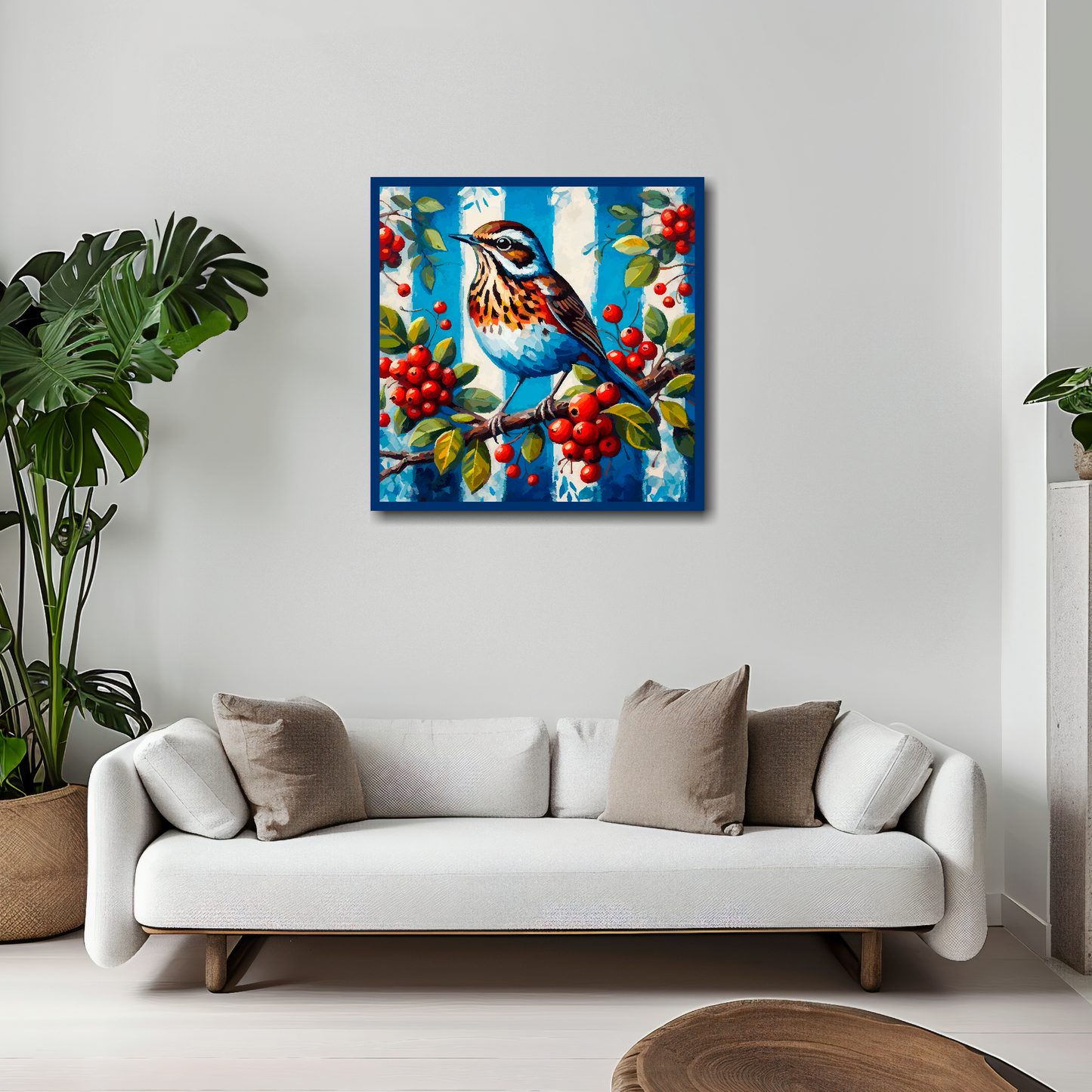 West Brom inspired canvas 20x20 inches above white sofa - vibrant UK football wall art