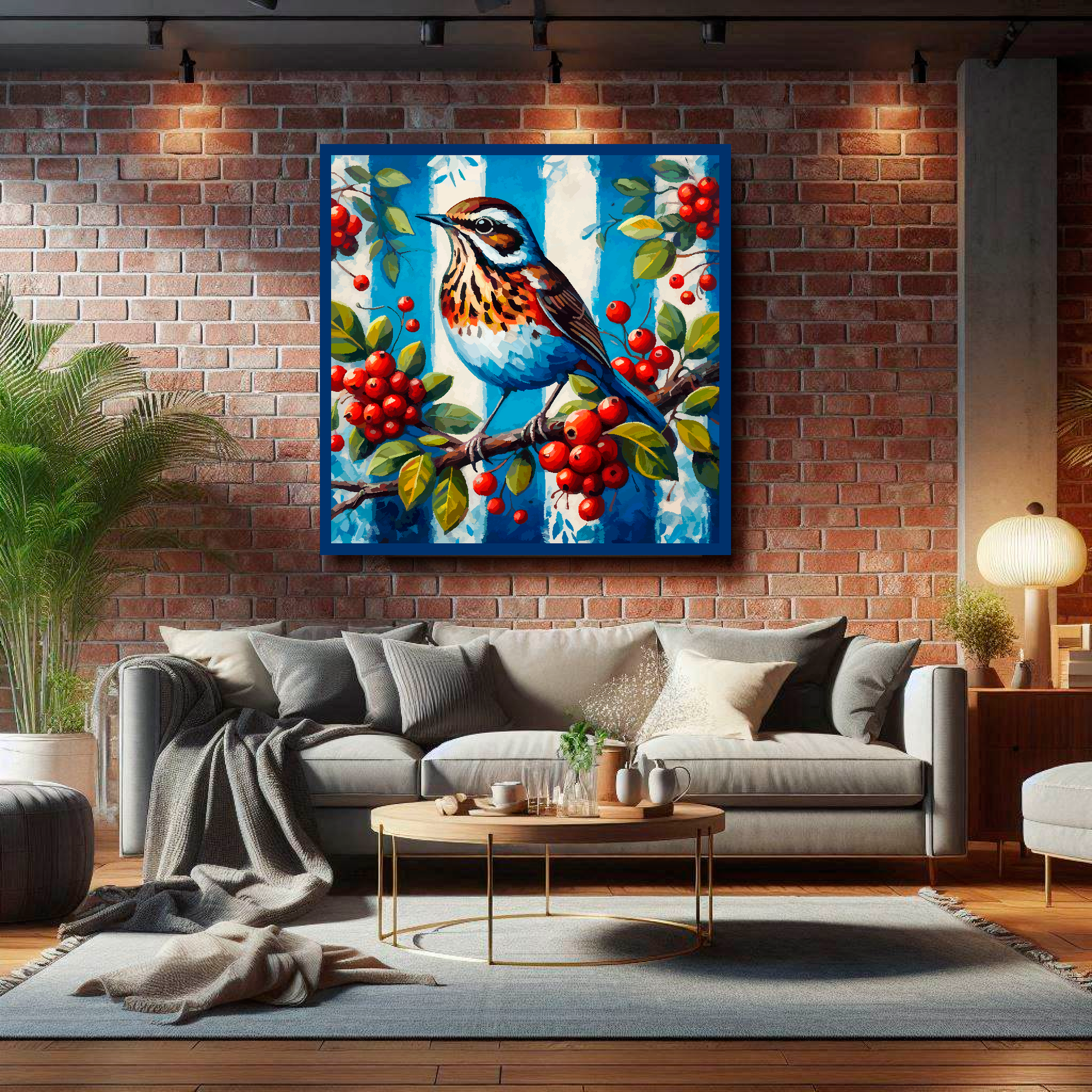 Large West Brom inspired canvas on brick wall above grey sofa - bold UK football art living room