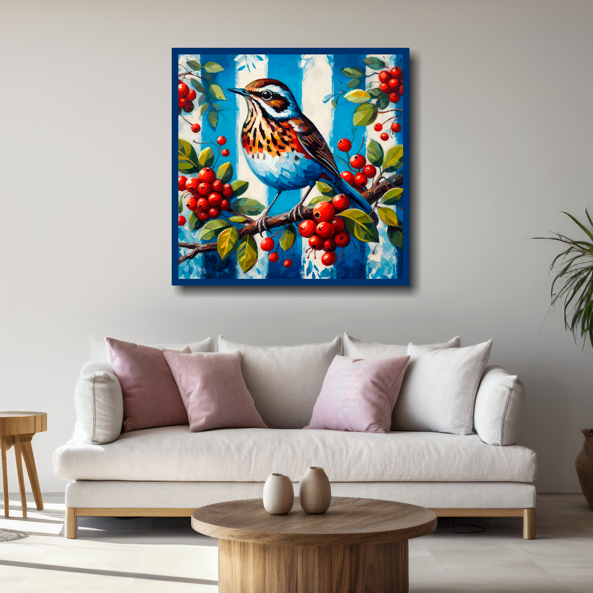Large West Brom inspired canvas above white sofa - vibrant abstract UK football wall art