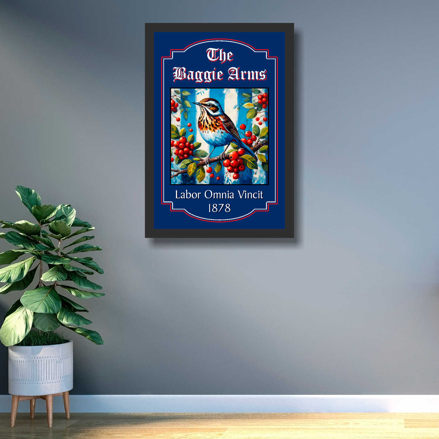 WBA FC pub sign with a Throstle bird illustration and text on a blue background with black frame