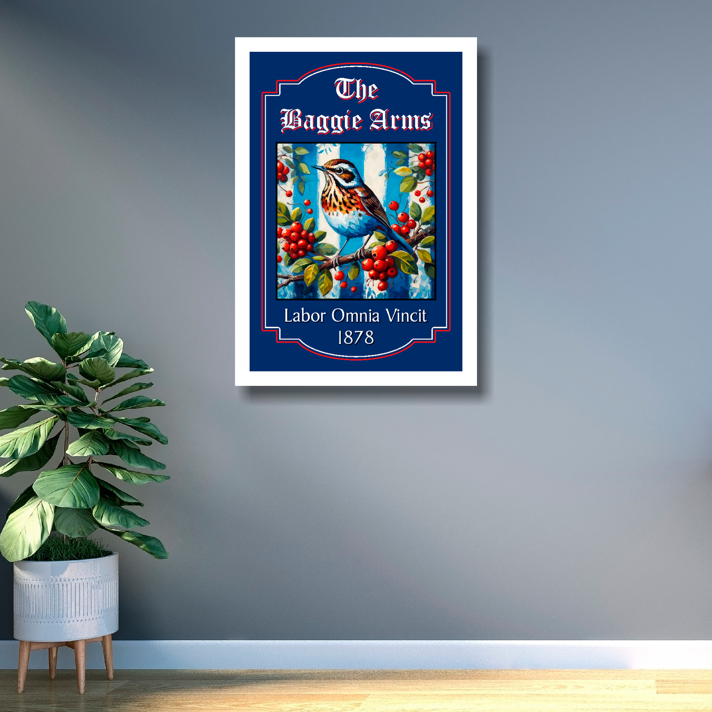 WBA FC pub sign with a Throstle bird illustration and text on a blue background with white frame