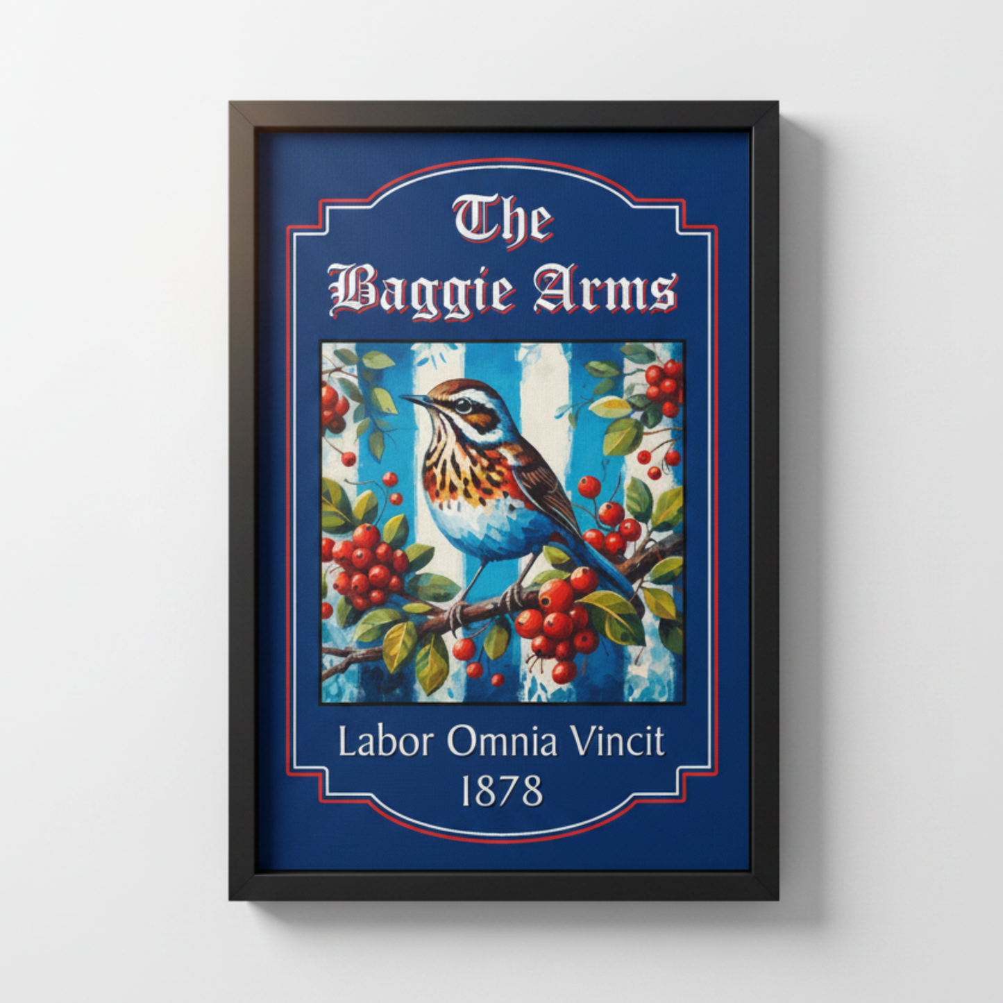 WBA decorative pub sign with a Throstle bird illustration and text on a blue background with black frame