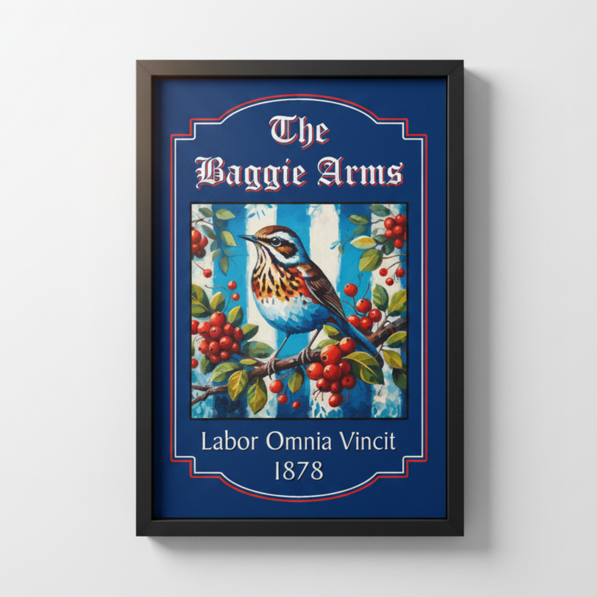 WBA decorative pub sign with a Throstle bird illustration and text on a blue background with black frame