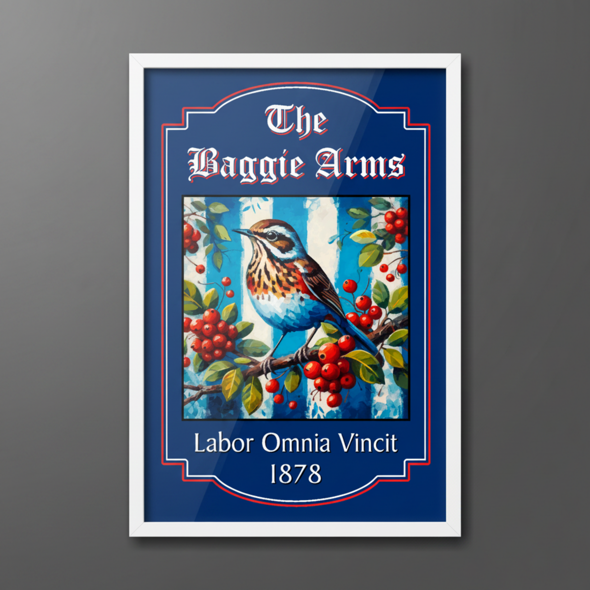 WBA decorative pub sign with a Throstle bird illustration and text on a blue background with white frame