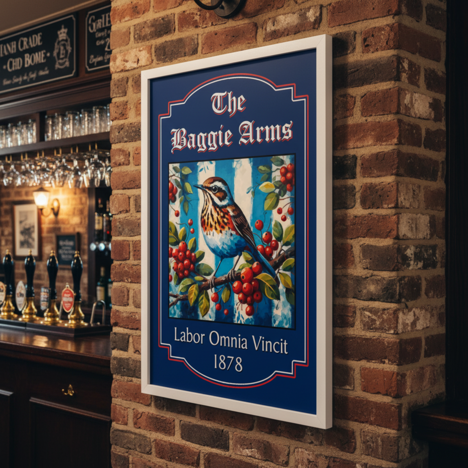 WBA FC framed pub sign featuring the iconic Throstle bird in a white wooden frame
