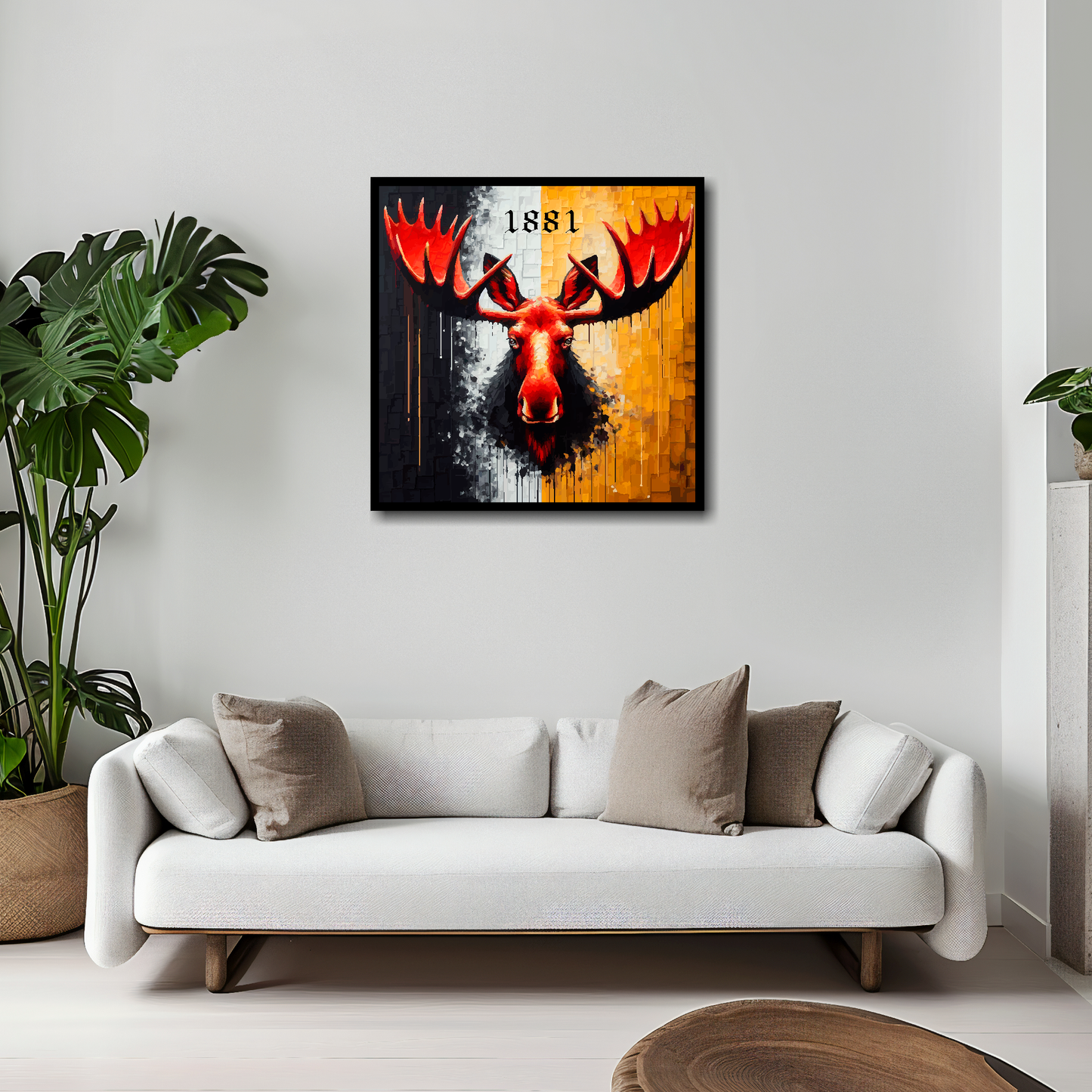 Watford inspired canvas 20x20 inches above white sofa - vibrant UK football wall art