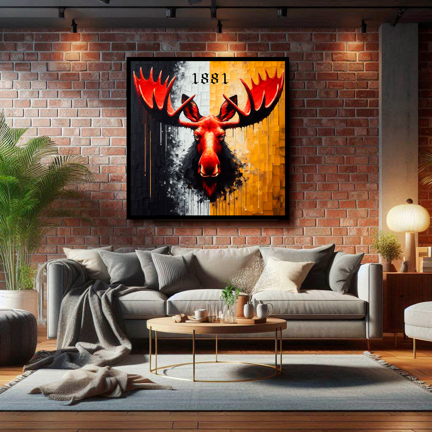Large Watford inspired canvas on brick wall above grey sofa - bold UK football art living room