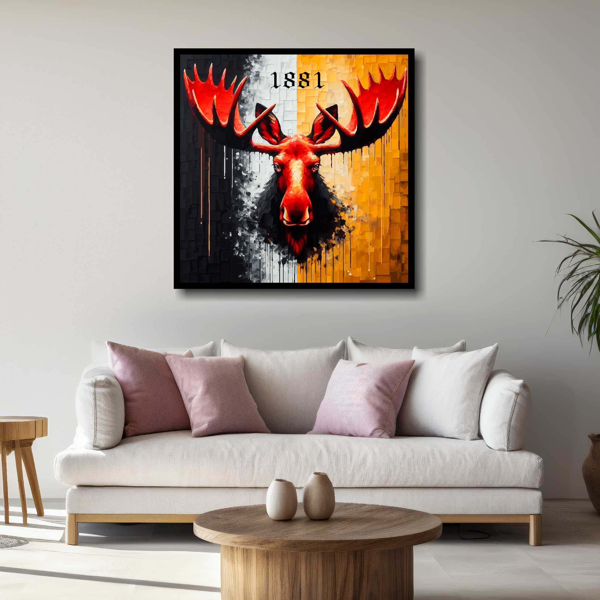 Large Watford inspired canvas above white sofa - vibrant abstract UK football wall art