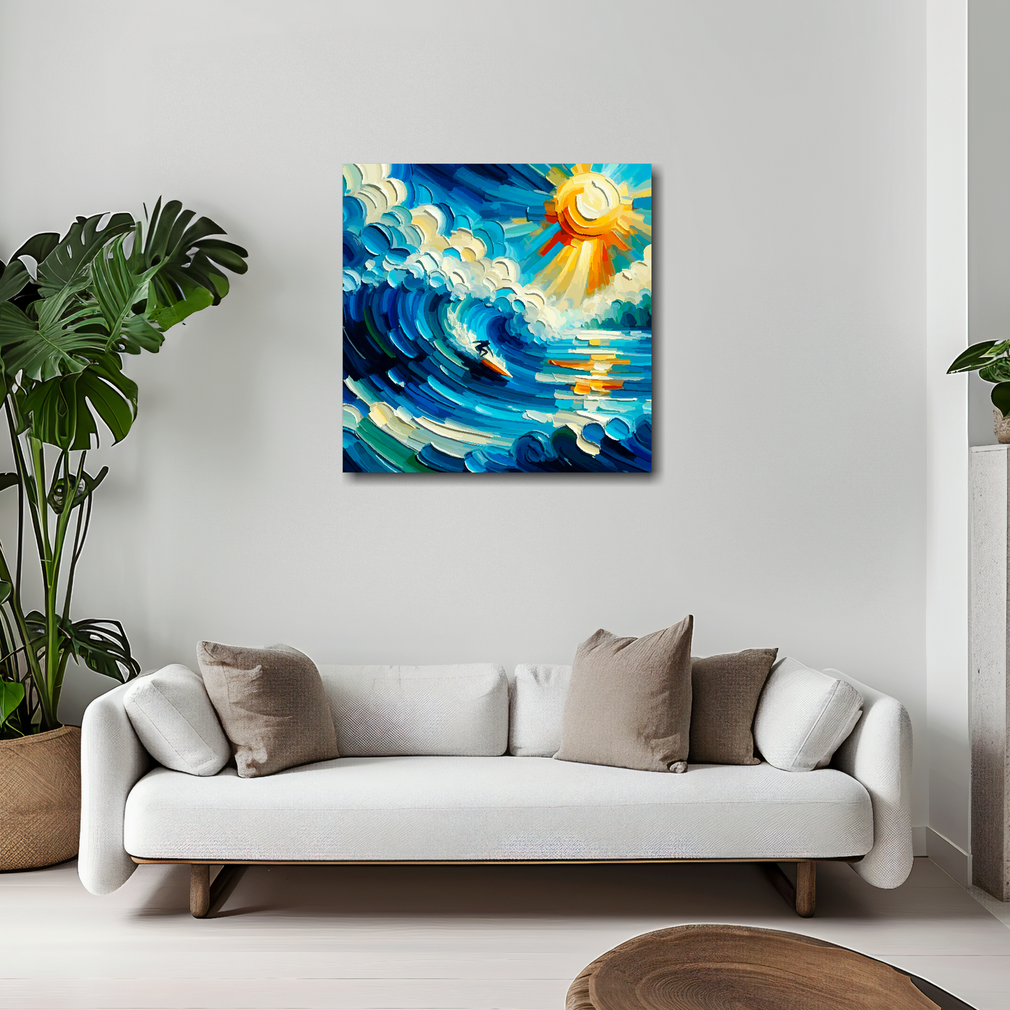 Wavebound canvas 20x20 inches above white sofa - vibrant surfing wall art UK