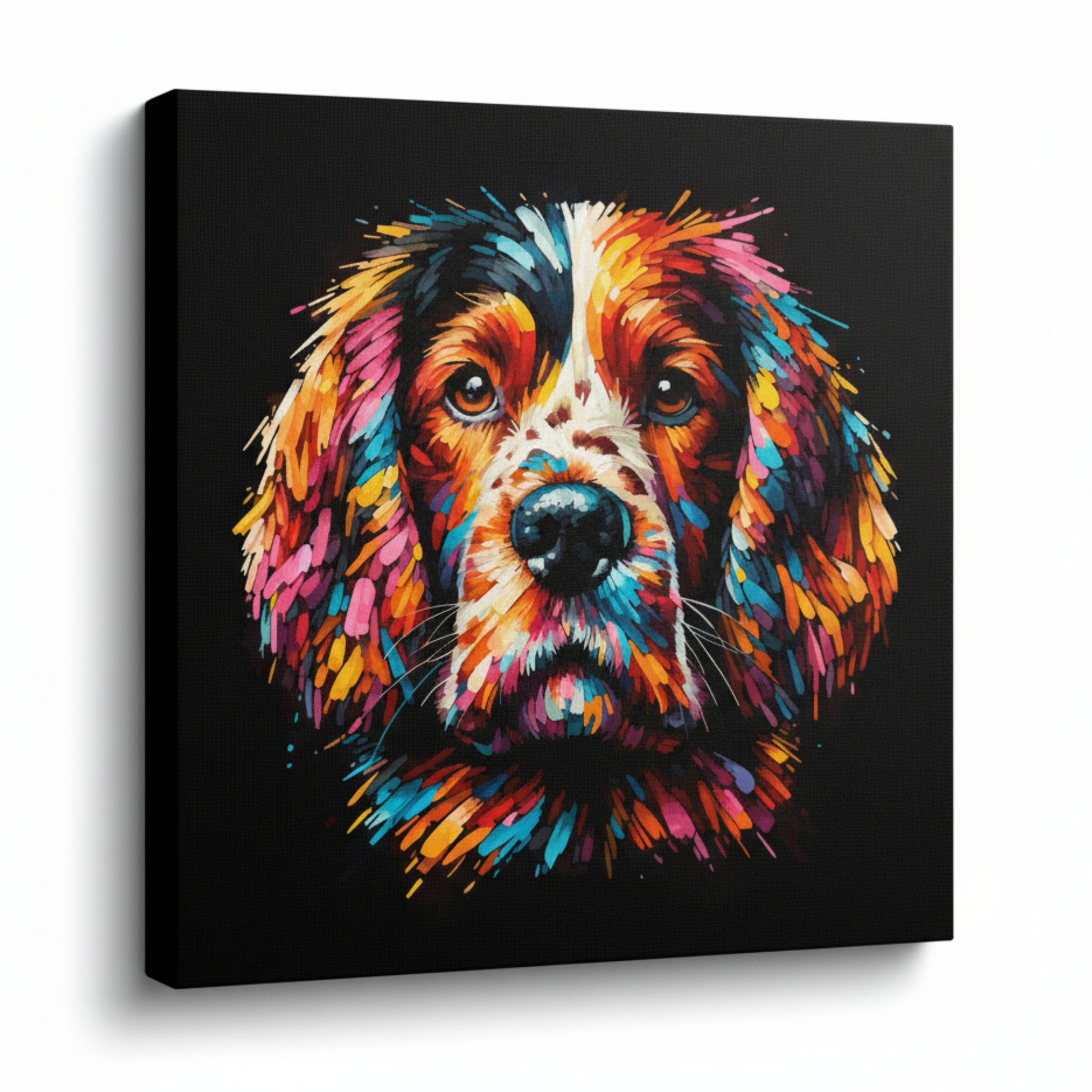 Colourful Welsh Springer Spaniel dog portrait canvas print - UK made abstract pet wall art black background