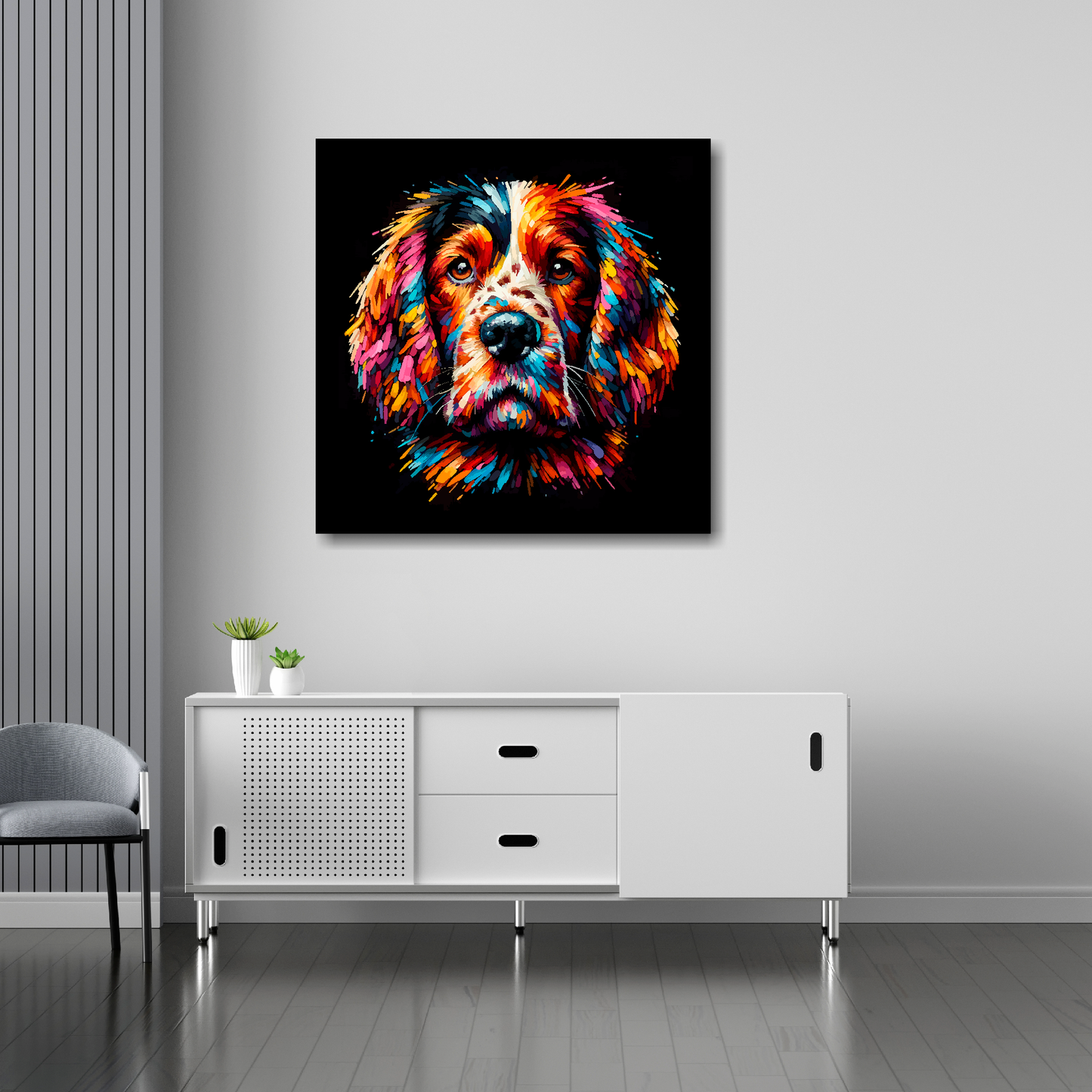 Welsh Springer Spaniel canvas 30x30 inches above sideboard - large colourful dog portrait UK made
