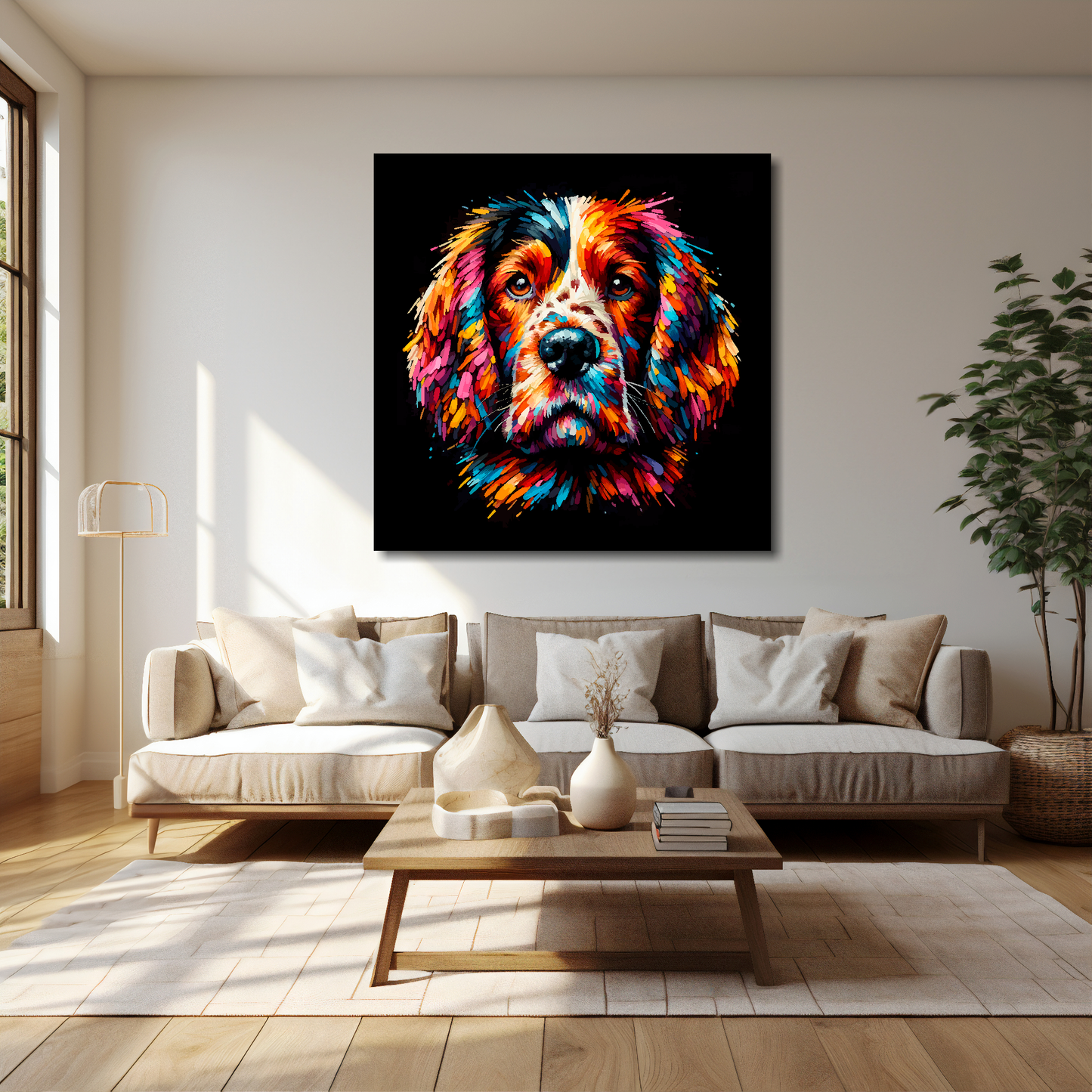 Welsh Springer Spaniel canvas 40x40 inches above cream sofa - XL vibrant dog wall art UK