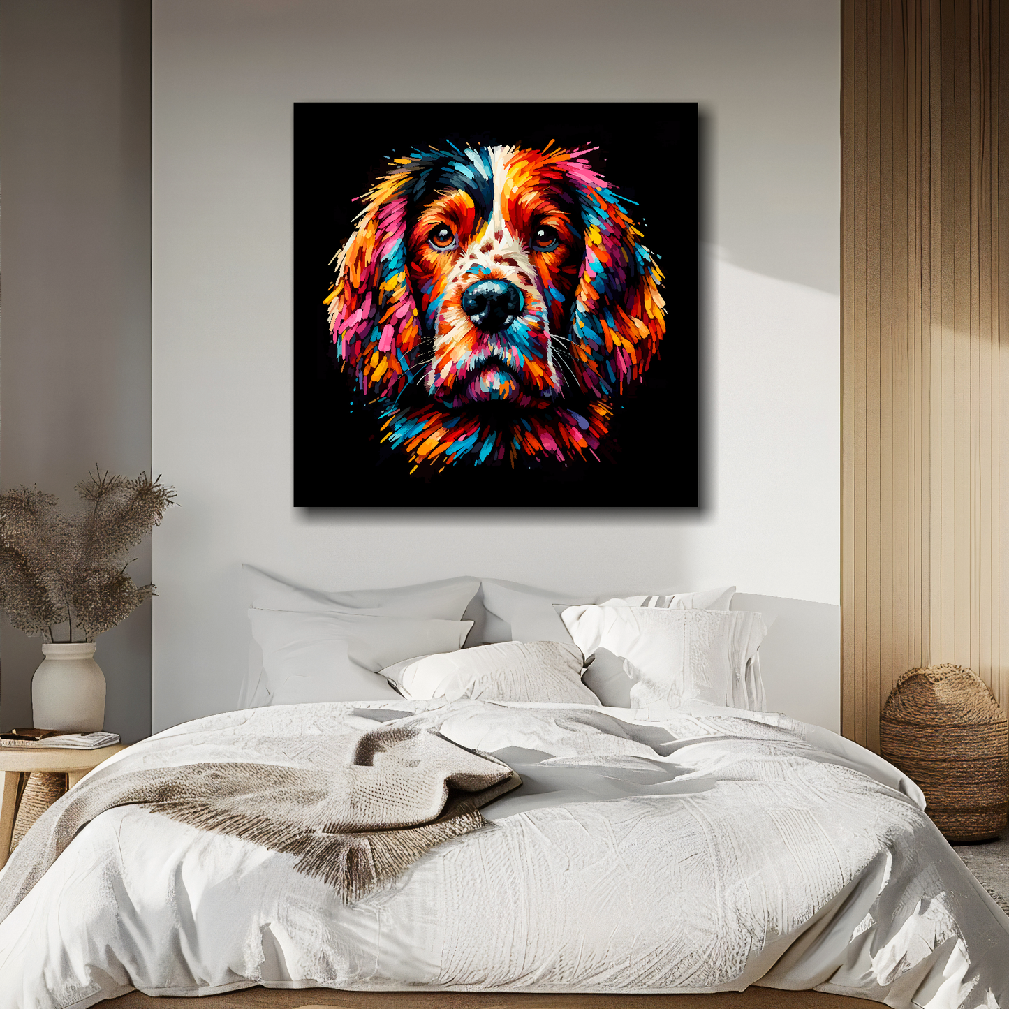 Welsh Springer Spaniel portrait canvas above bed - colourful dog wall decor for UK bedrooms