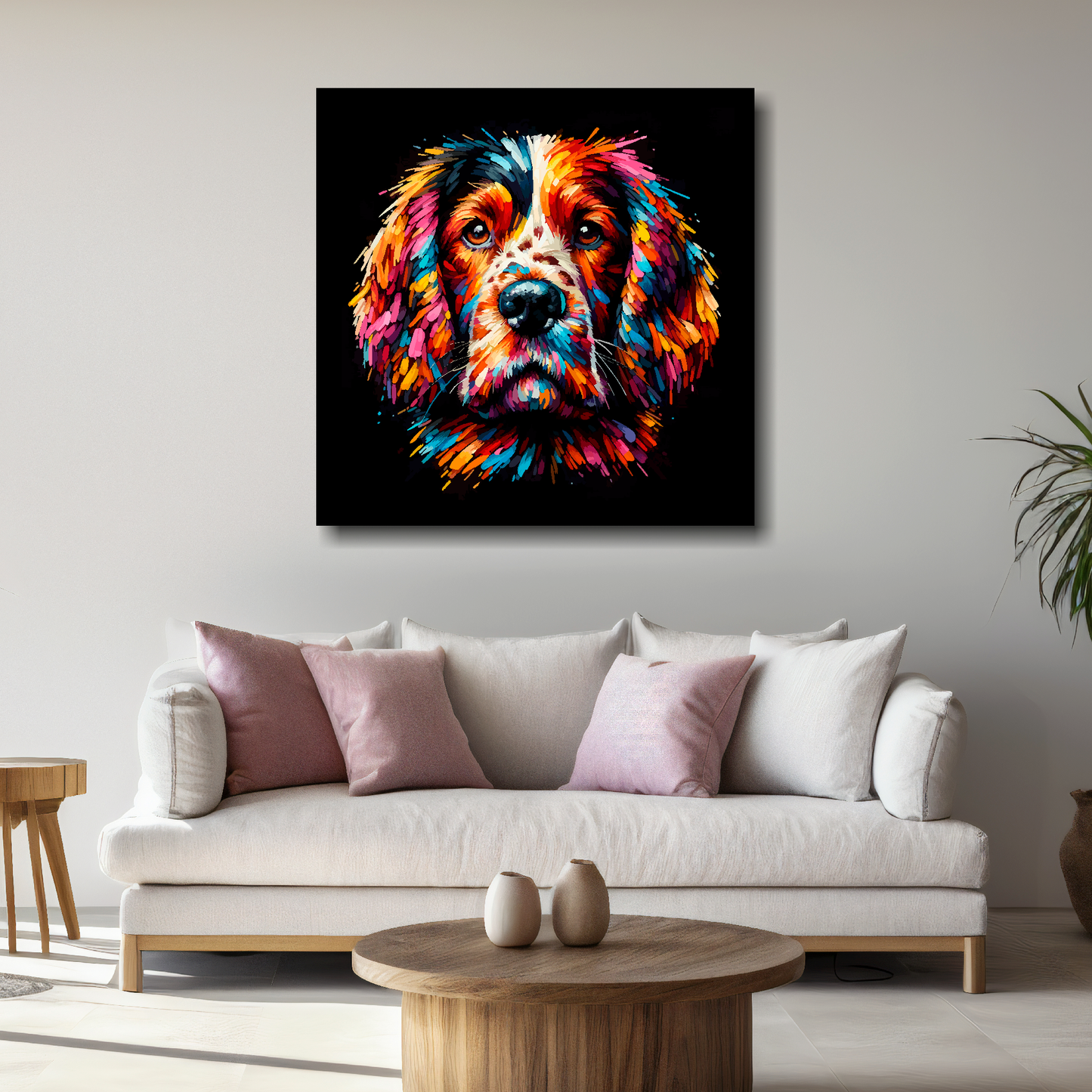 Large Welsh Springer Spaniel canvas above white sofa - vibrant abstract dog portrait wall art UK