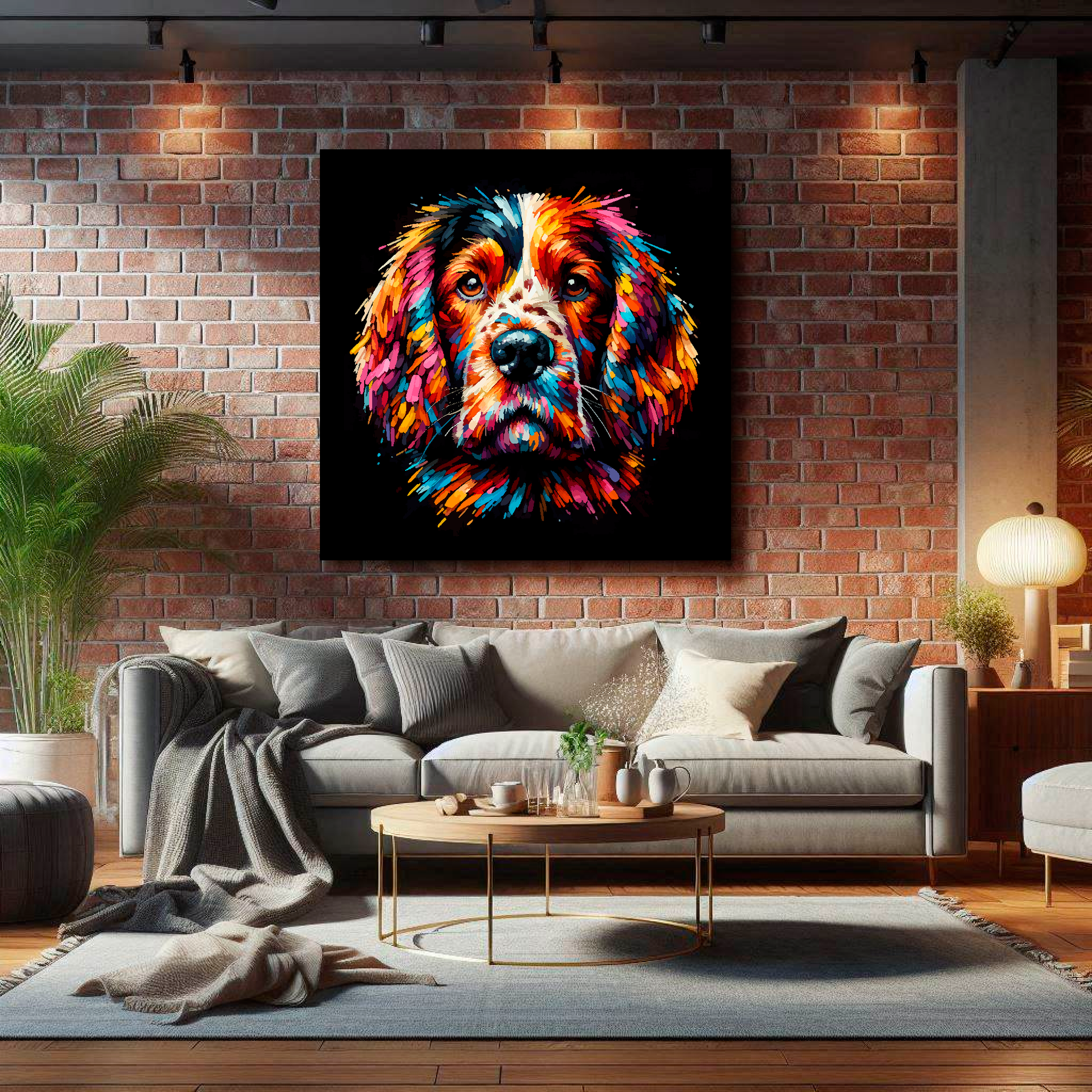 Large Welsh Springer Spaniel canvas on brick wall above grey sofa - bold dog portrait UK living room