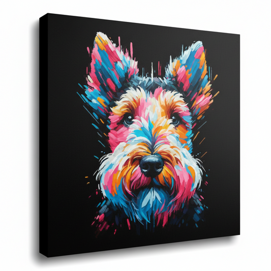 Colourful Welsh Terrier dog portrait canvas print - UK made abstract pet wall art black background